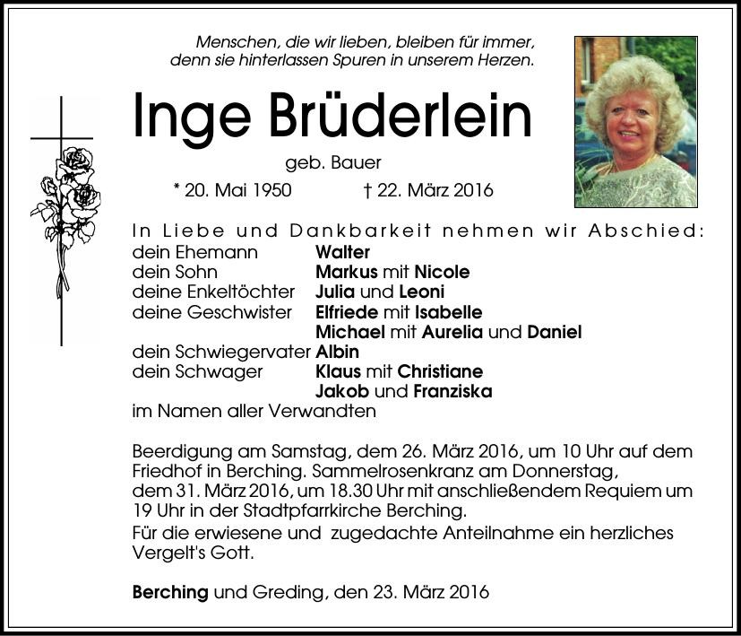Traueranzeige von Inge Brüderlein