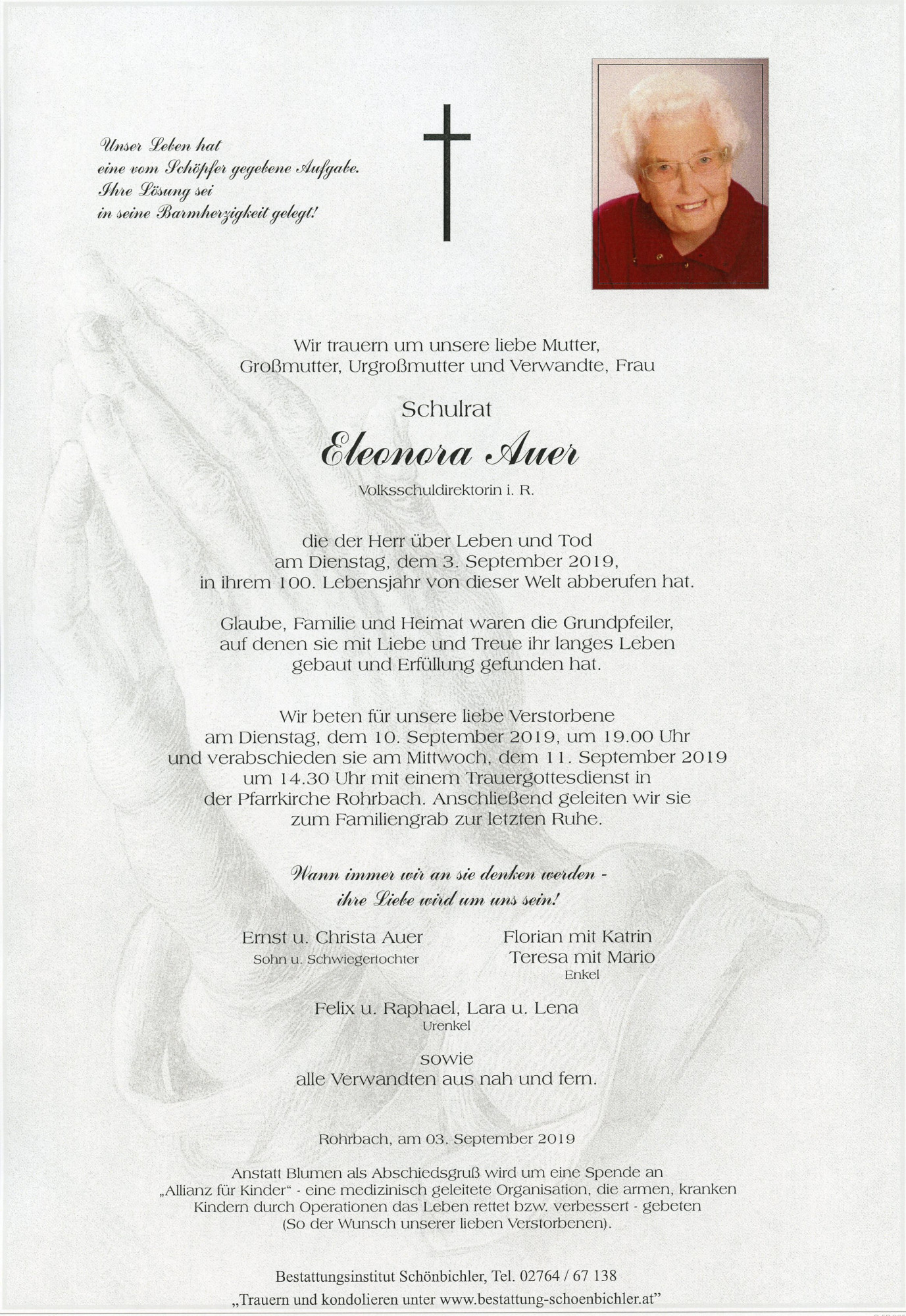 Traueranzeige von Schulrat Eleonora Auer