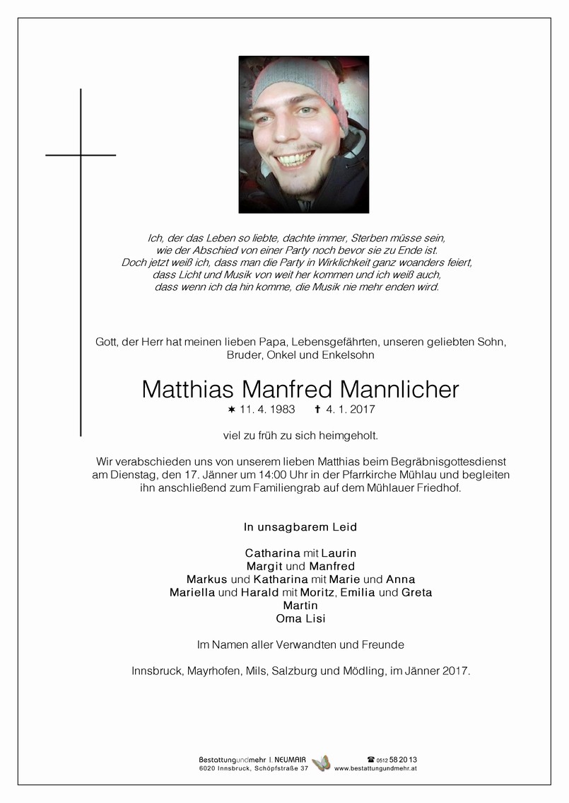 Traueranzeige von Matthias Manfred Mannlicher