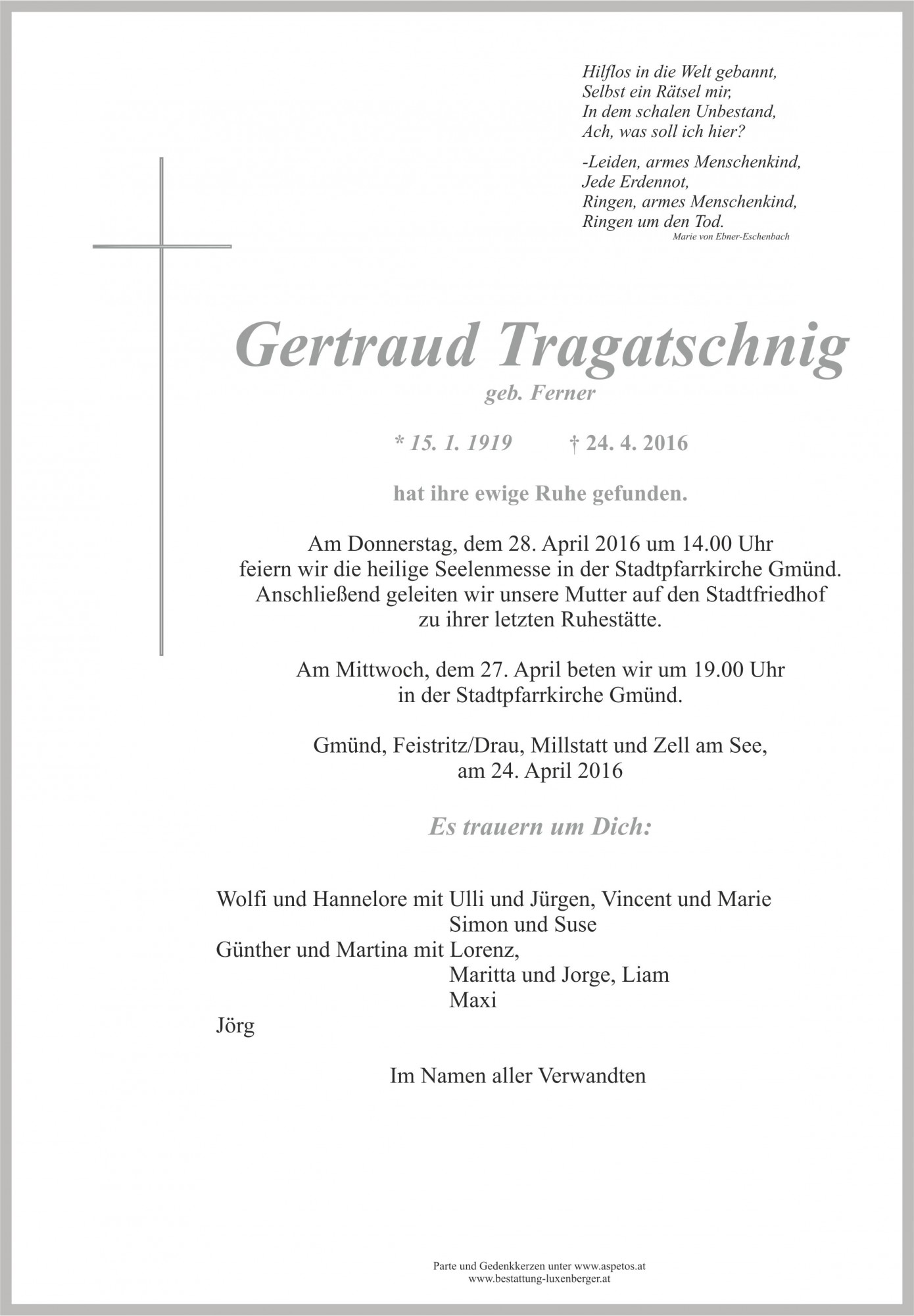 Traueranzeige von Gertraud Tragatschnig