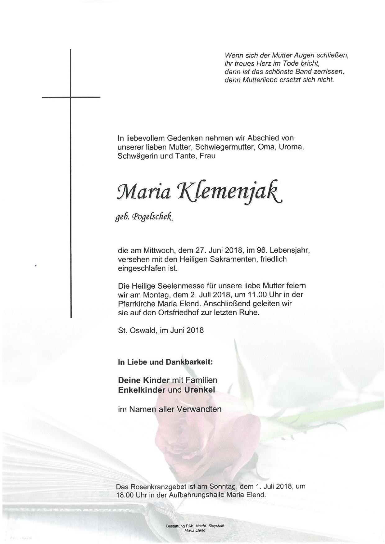 Traueranzeige von Maria Klemenjak