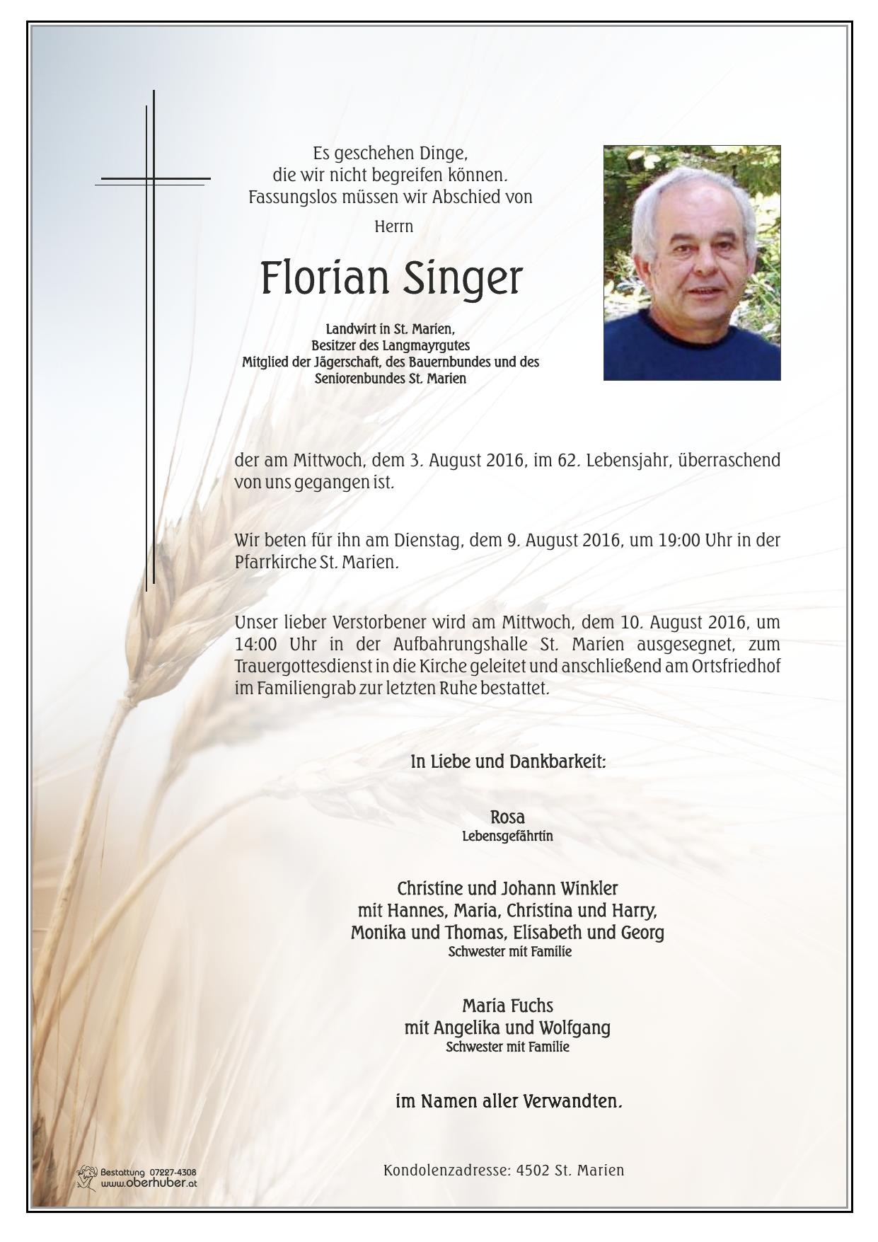 Traueranzeige von Florian Singer