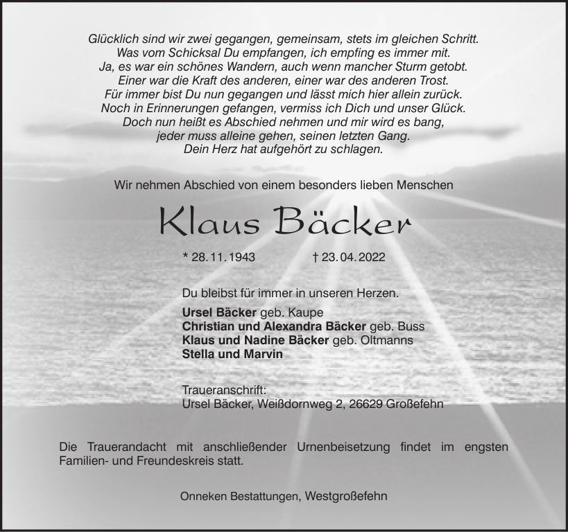 Traueranzeige von Klaus Bäcker
