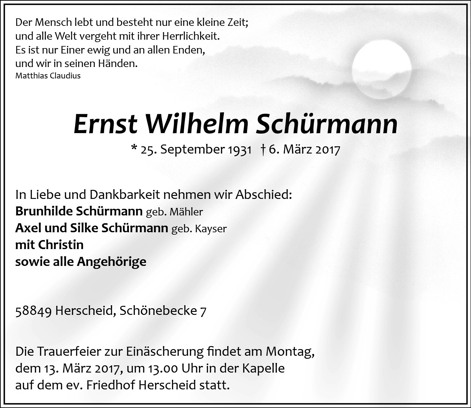 Traueranzeige von Ernst Wilhelm Schürmann
