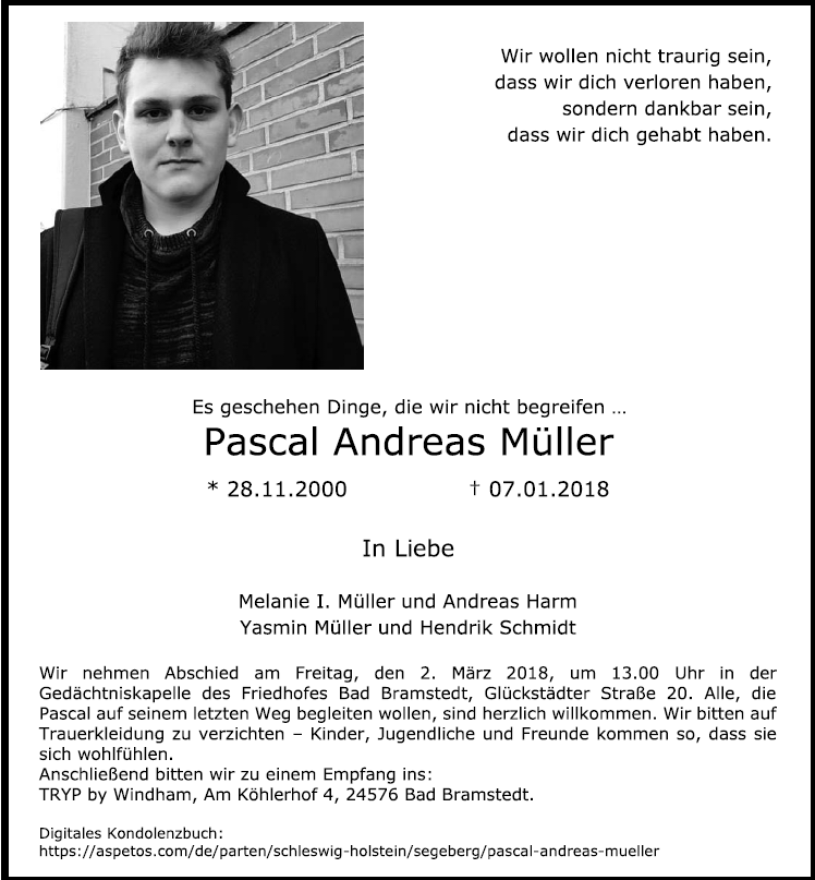 Traueranzeige von Pascal Andreas Müller