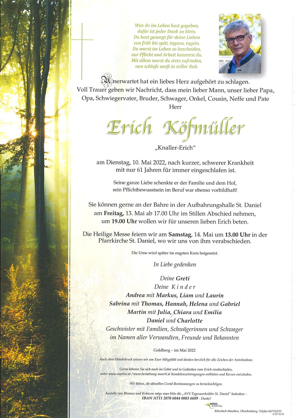 Traueranzeige von Erich Köfmüller
