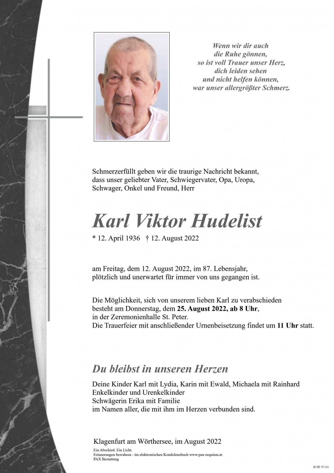 Traueranzeige von Karl Viktor Hudelist