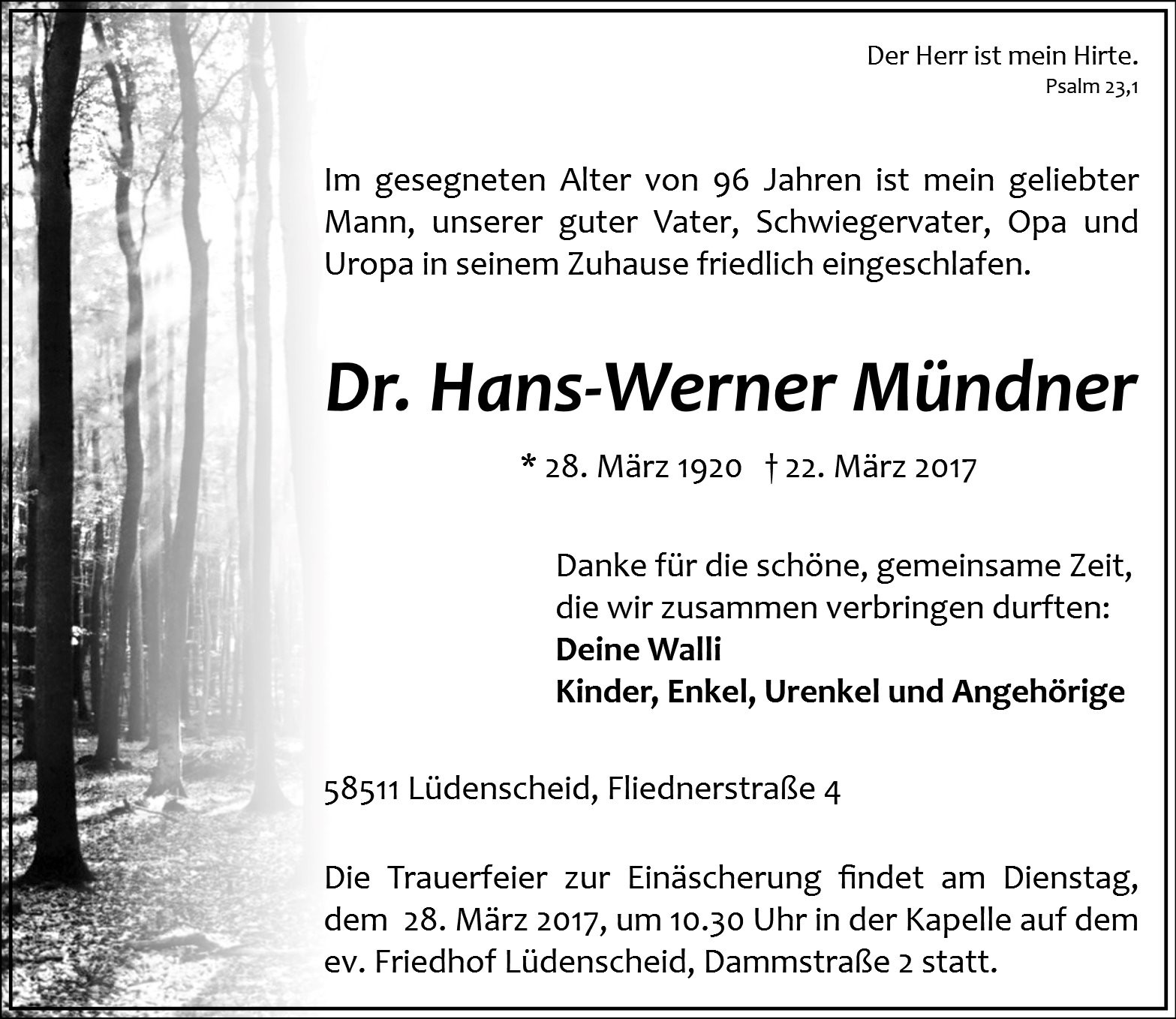 Traueranzeige von Dr. Hans-Werner Mündner
