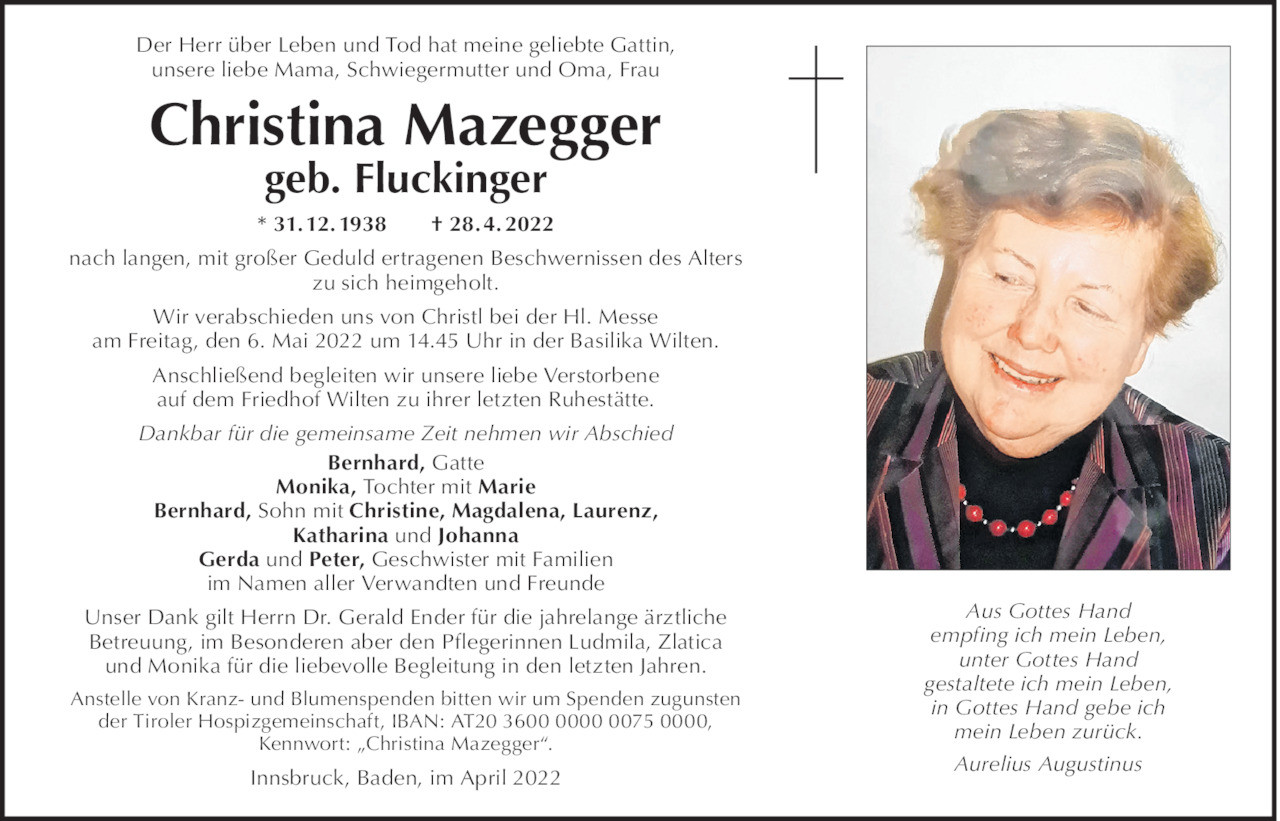 Traueranzeige von Christina Mazegger