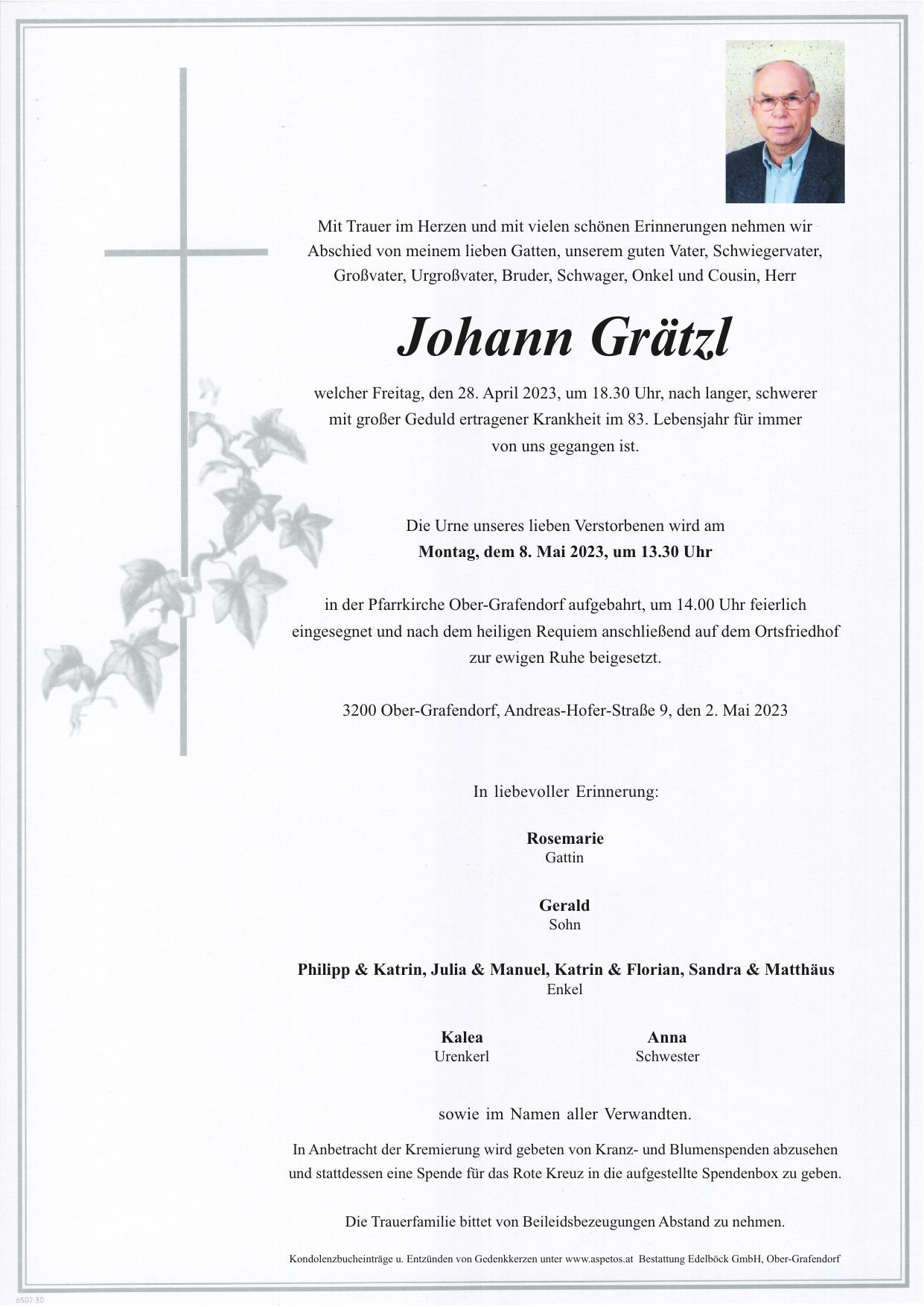 Traueranzeige von Johann Grätzl