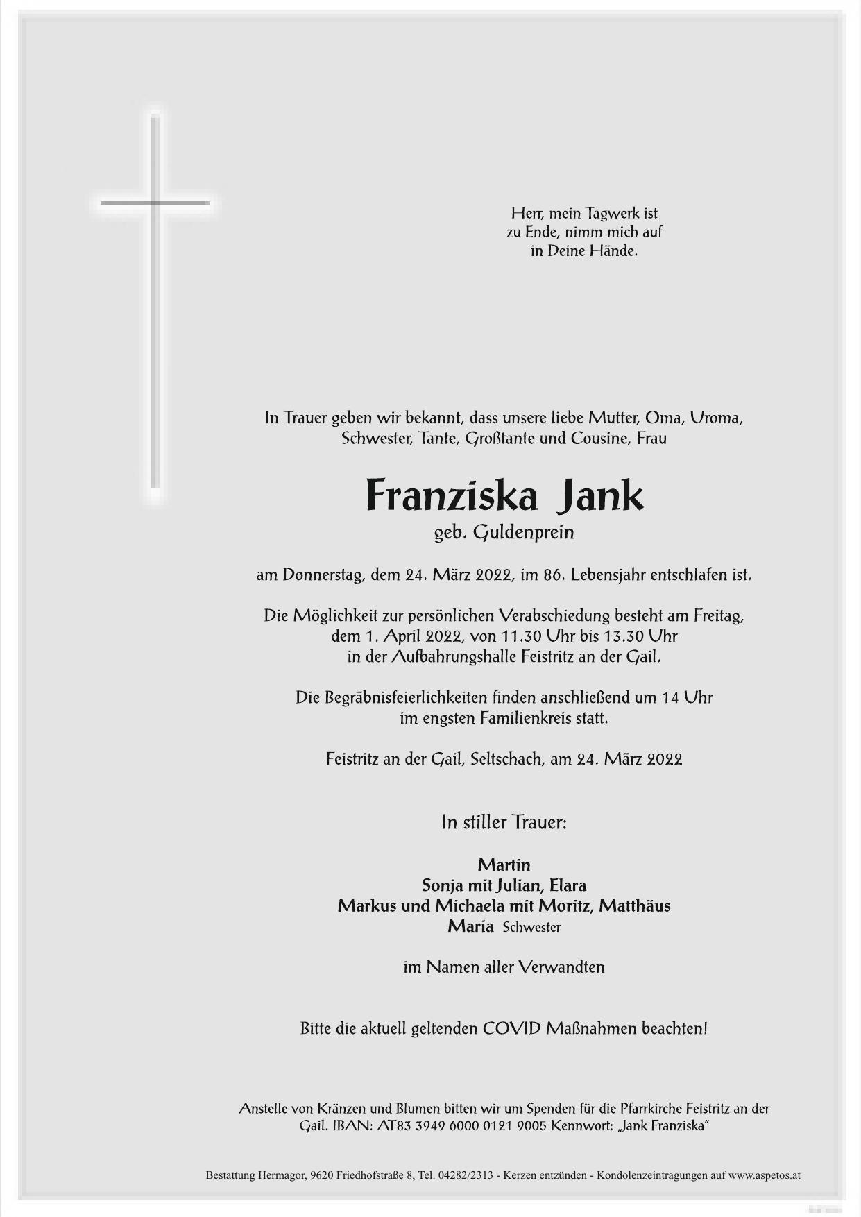 Traueranzeige von Franziska Jank
