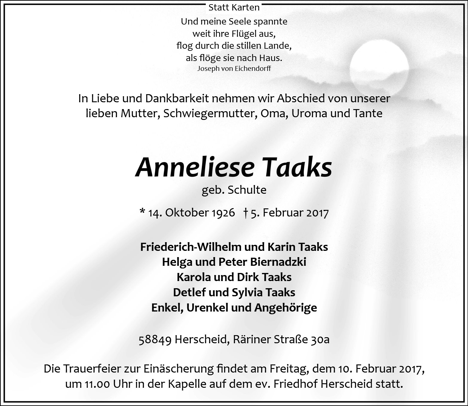 Traueranzeige von Anneliese Taaks