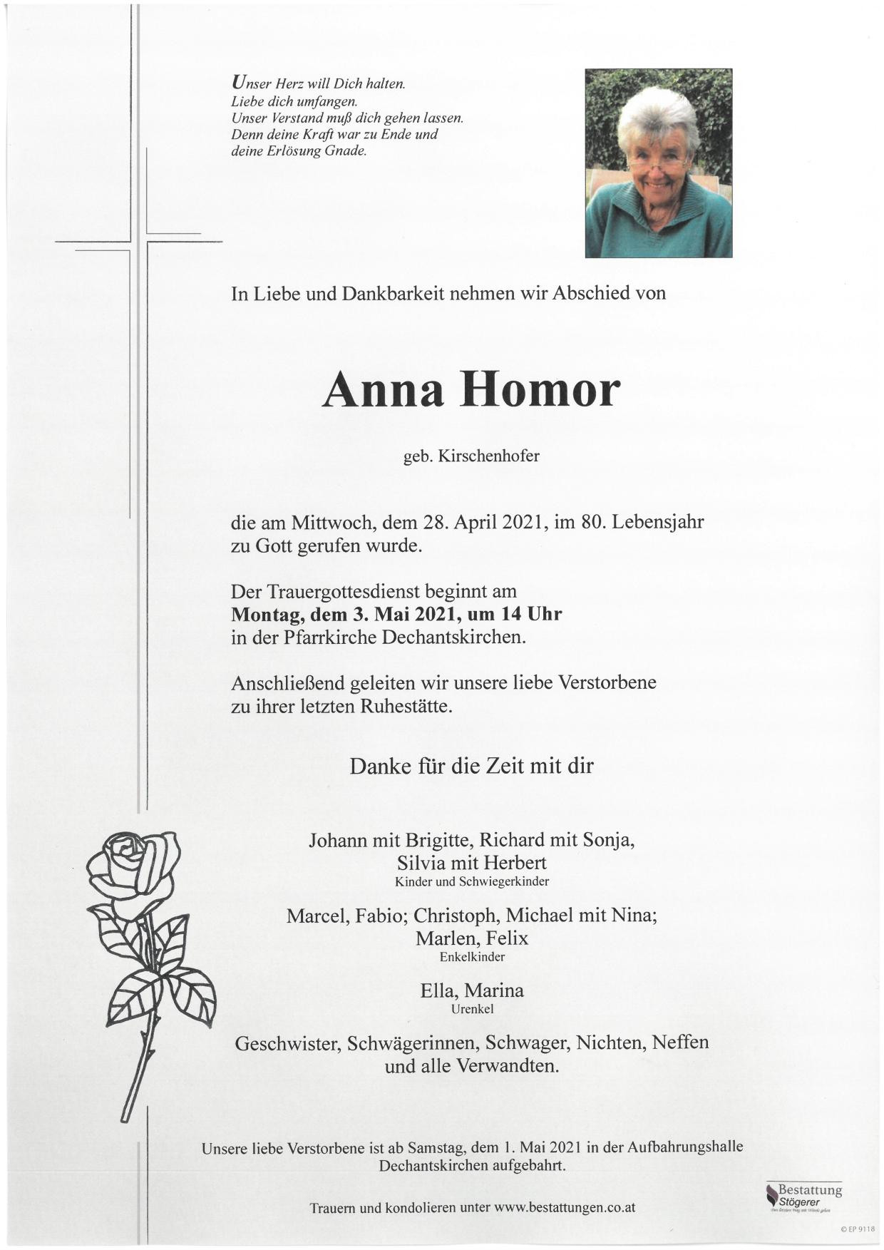 Traueranzeige von Anna Homor