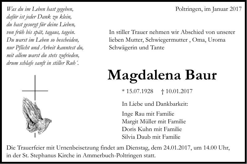 Traueranzeige von Magdalena Baur