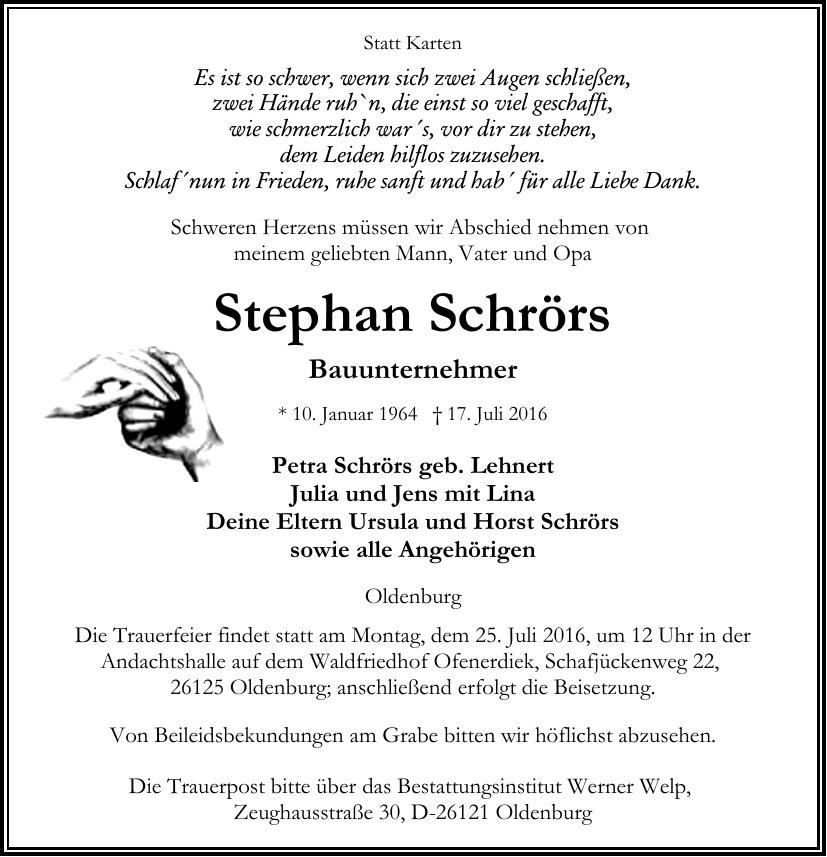 Traueranzeige von Stephan Schrörs