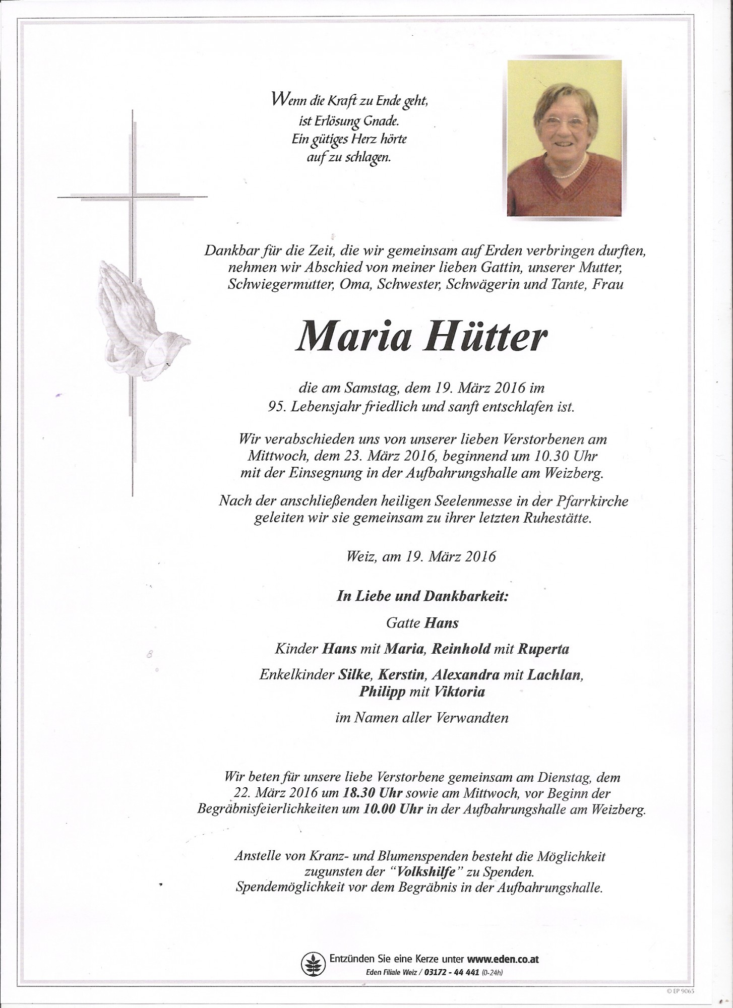 Traueranzeige von Maria Hütter