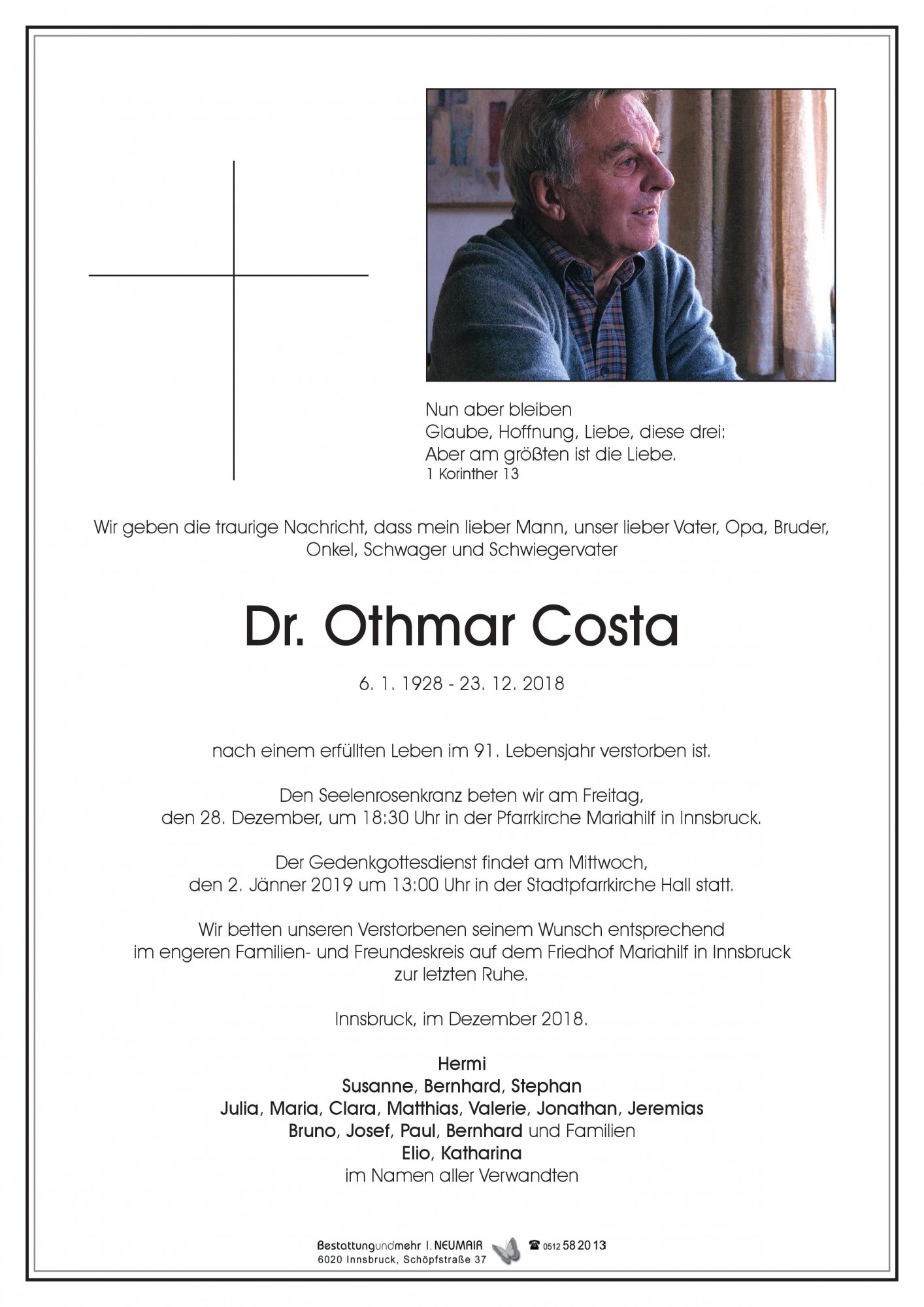 Traueranzeige von Dr. Othmar Costa