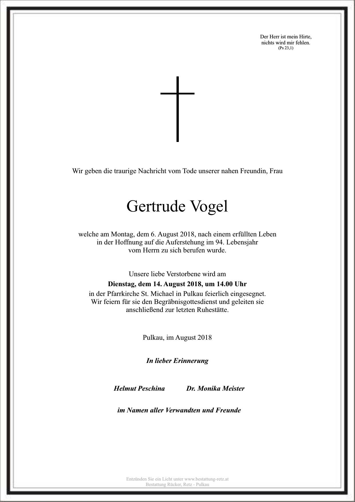 Traueranzeige von Gertrude Vogel