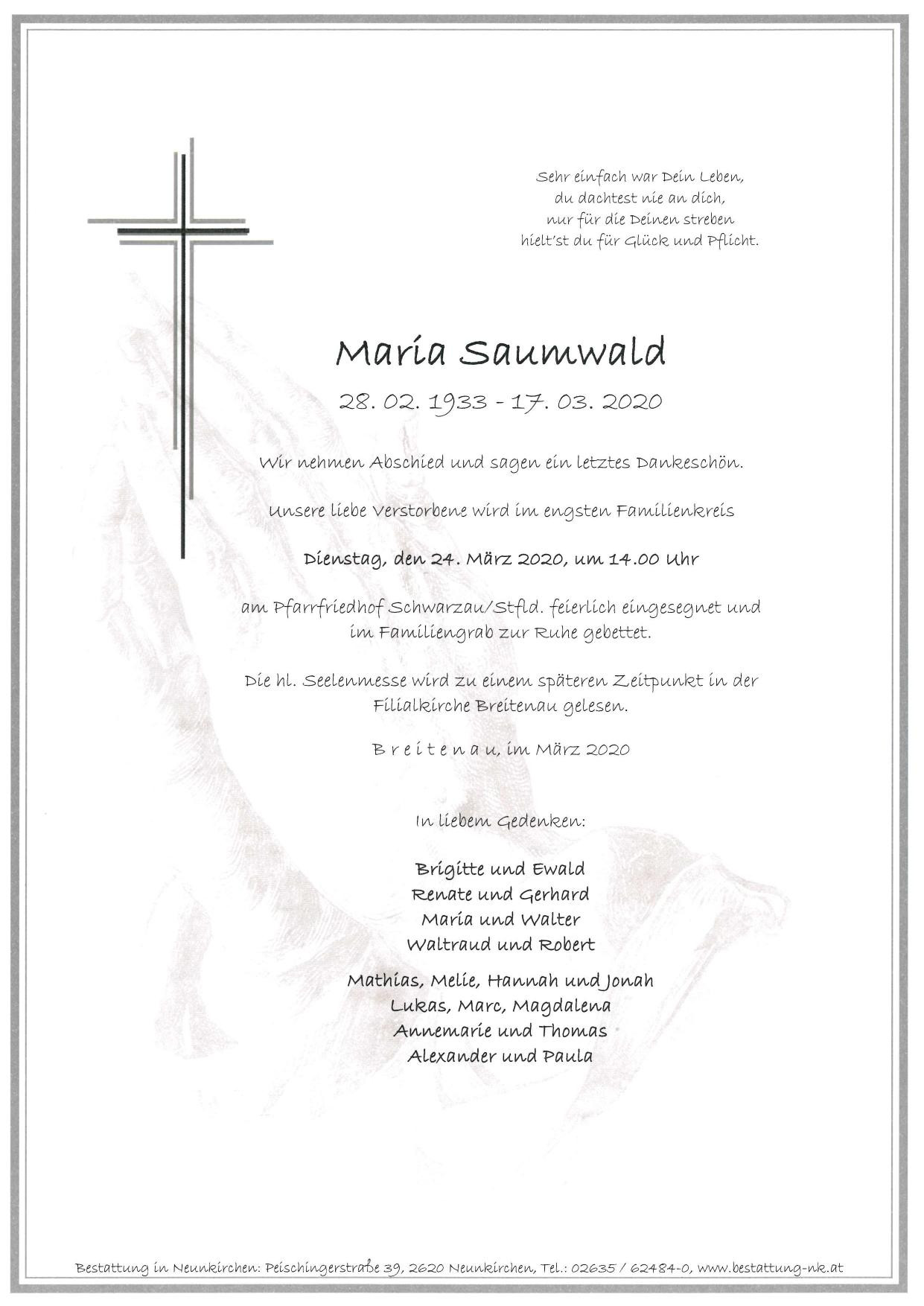 Traueranzeige von Maria Saumwald