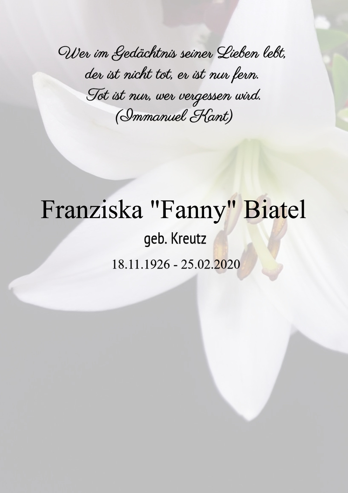 Traueranzeige von Franziska "Fanny" Biatel