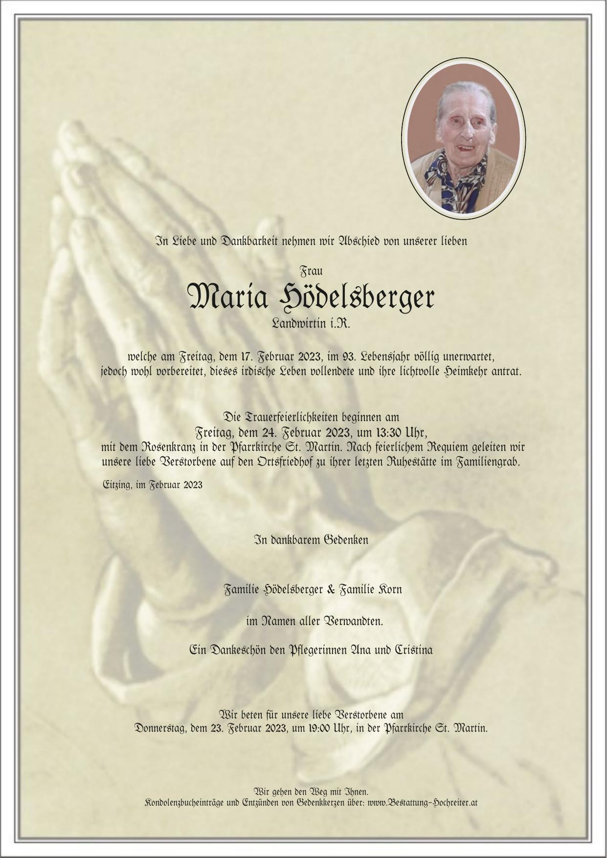Traueranzeige von Maria Hödelsberger