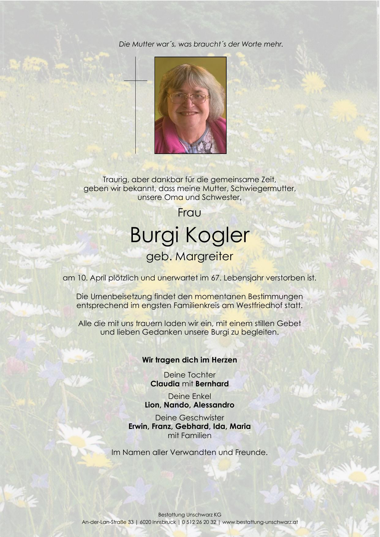 Traueranzeige von Burgi Kogler