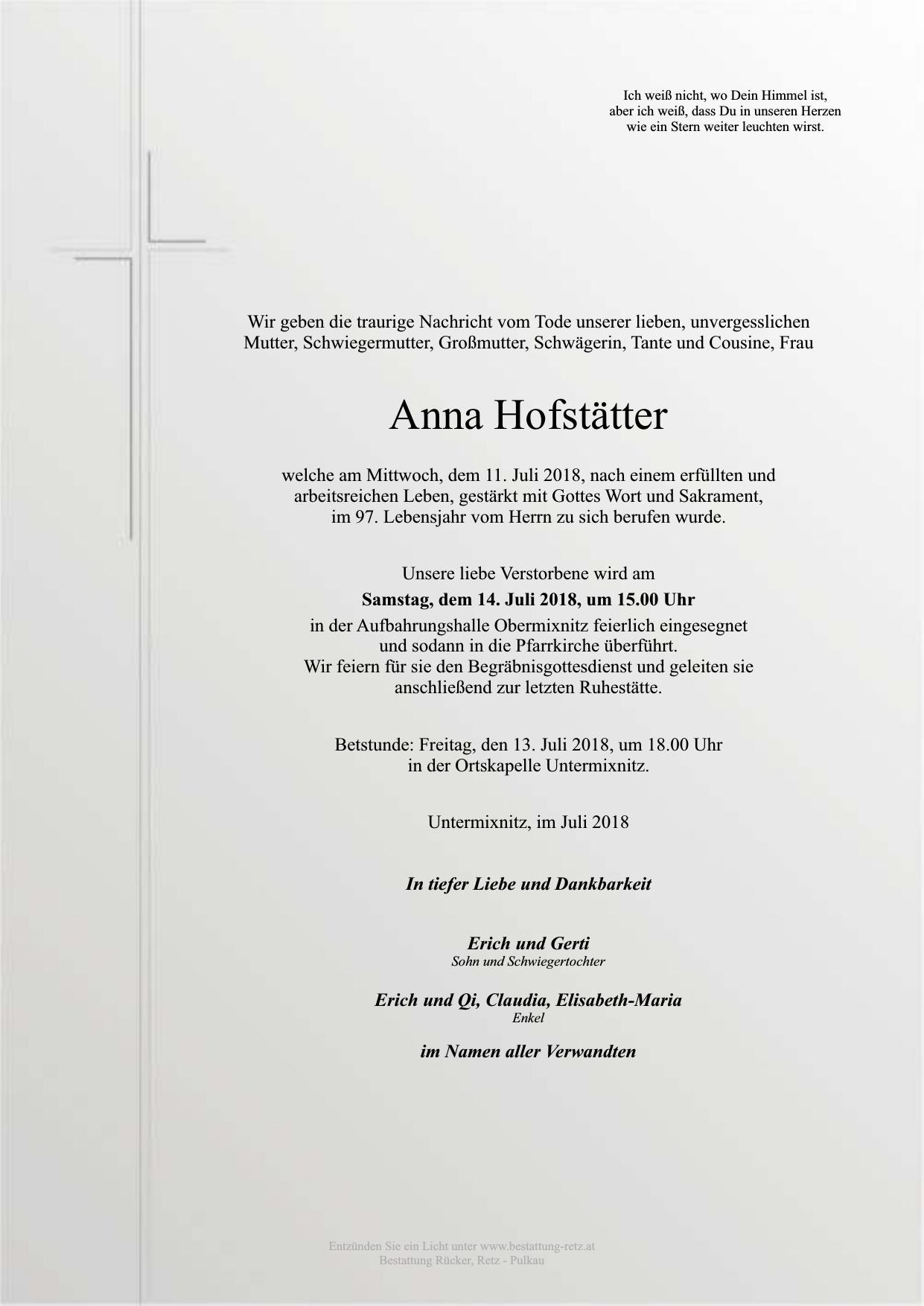 Traueranzeige von Anna Hofstätter