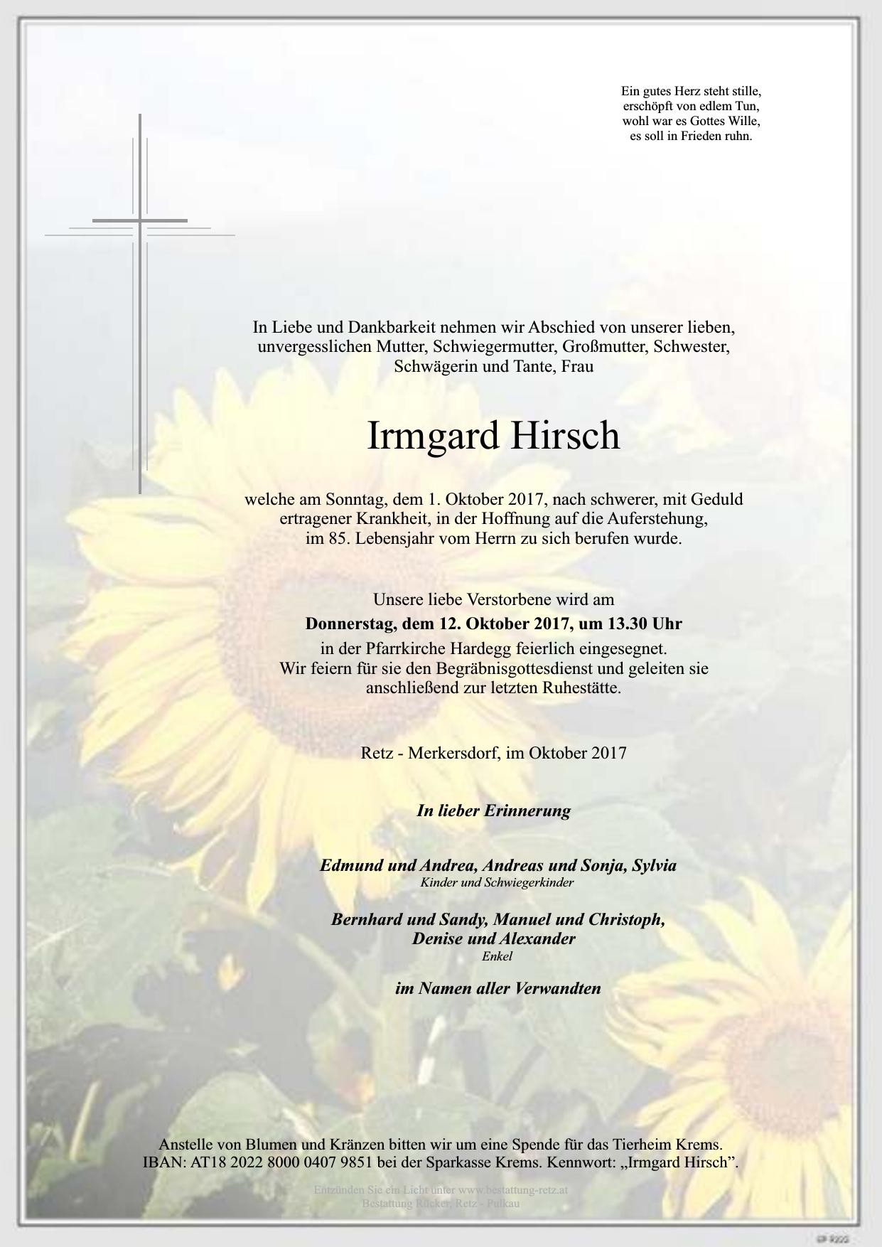 Traueranzeige von Irmgard Hirsch