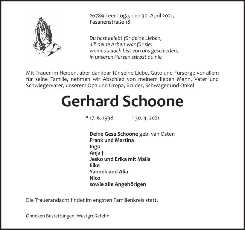 Traueranzeige von Gerhard Schoone