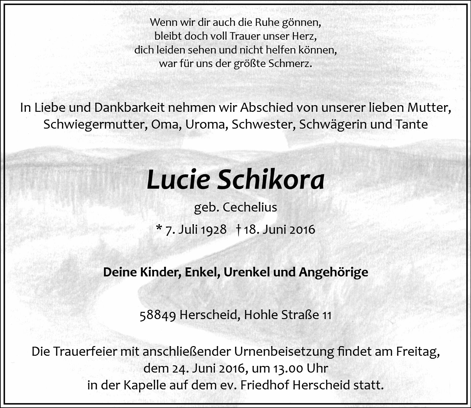 Traueranzeige von Lucie Schikora
