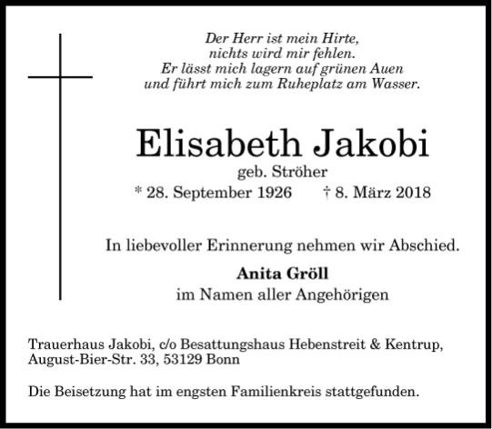 Traueranzeige von Elisabeth Jakobi