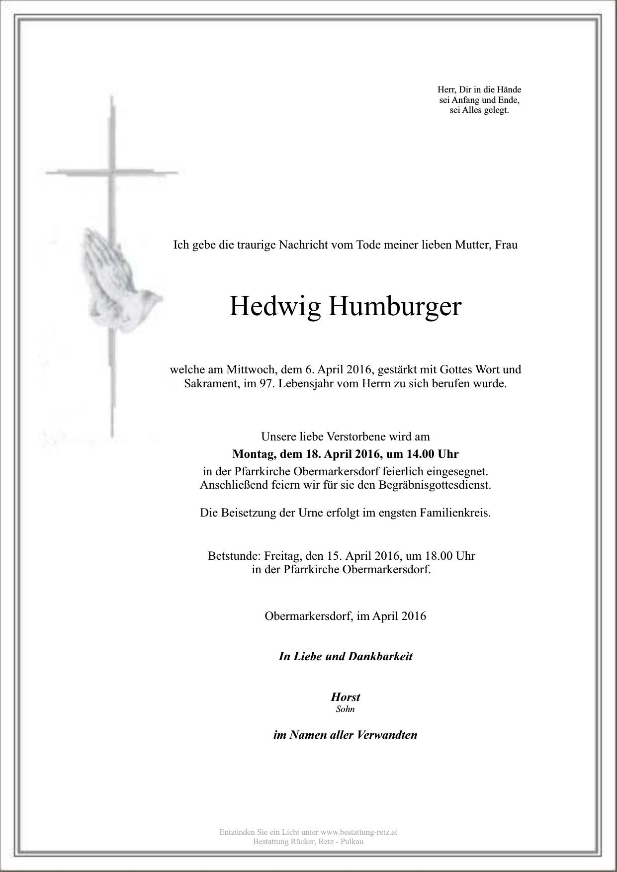 Traueranzeige von Hedwig Humburger
