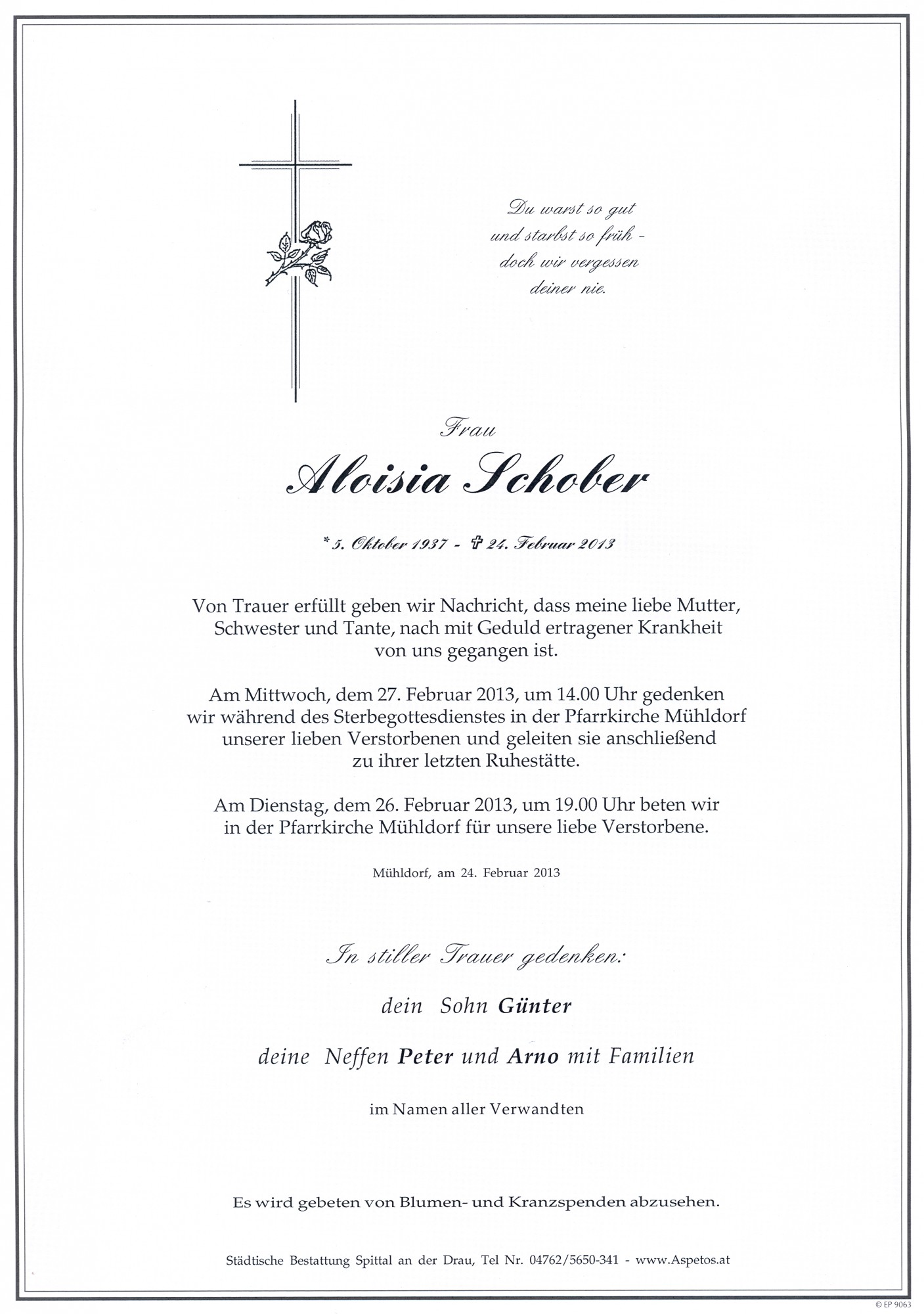 Traueranzeige von Aloisia Schober