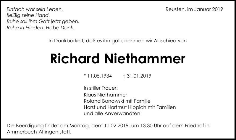 Traueranzeige von Richard Niethammer