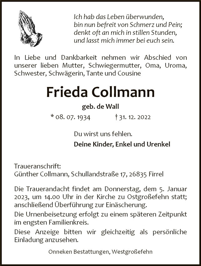 Traueranzeige von Frieda Collmann