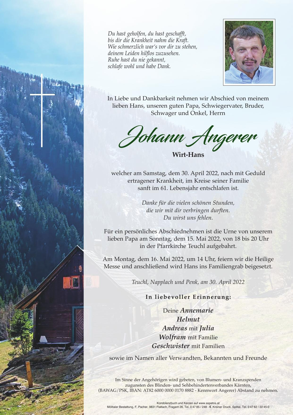 Traueranzeige von Johann Helmut Angerer