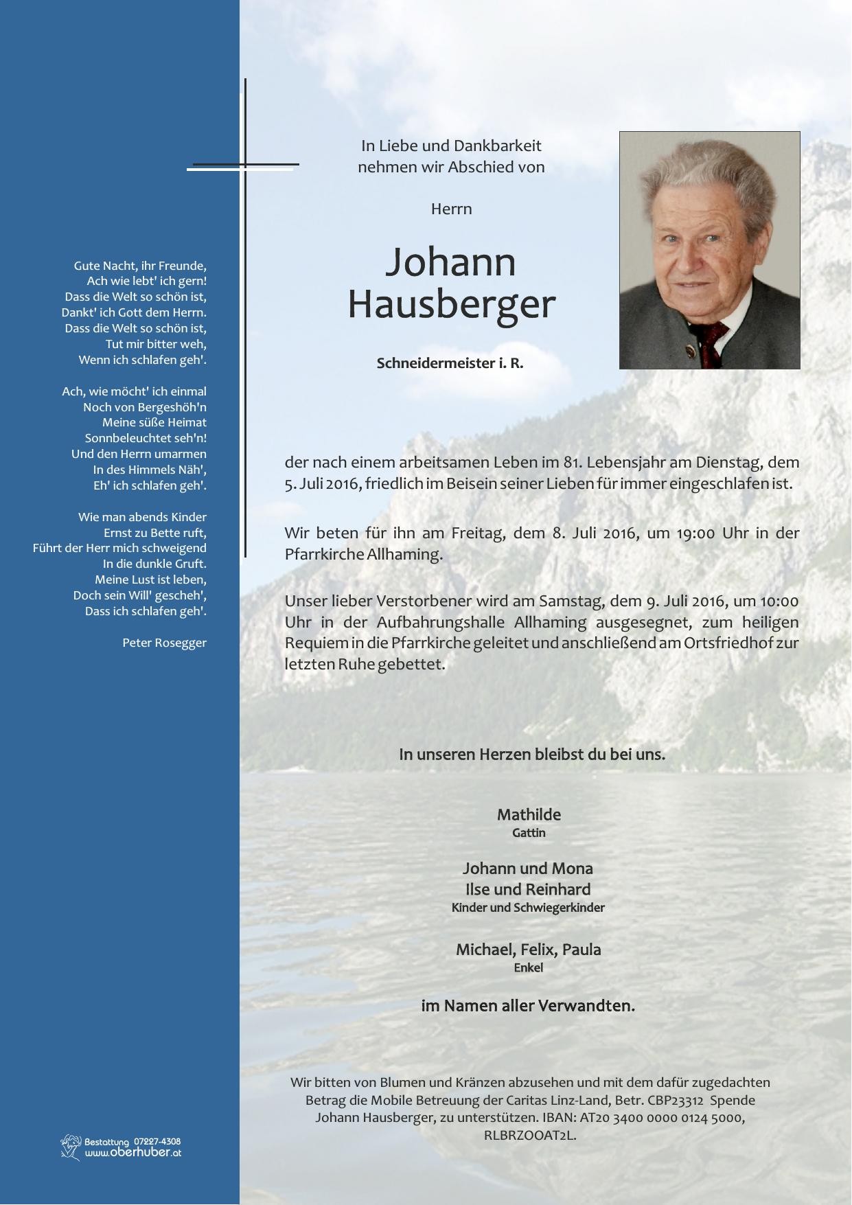 Traueranzeige von Johann Hausberger
