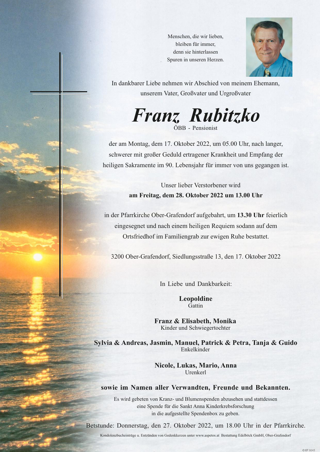 Traueranzeige von Franz Rubitzko