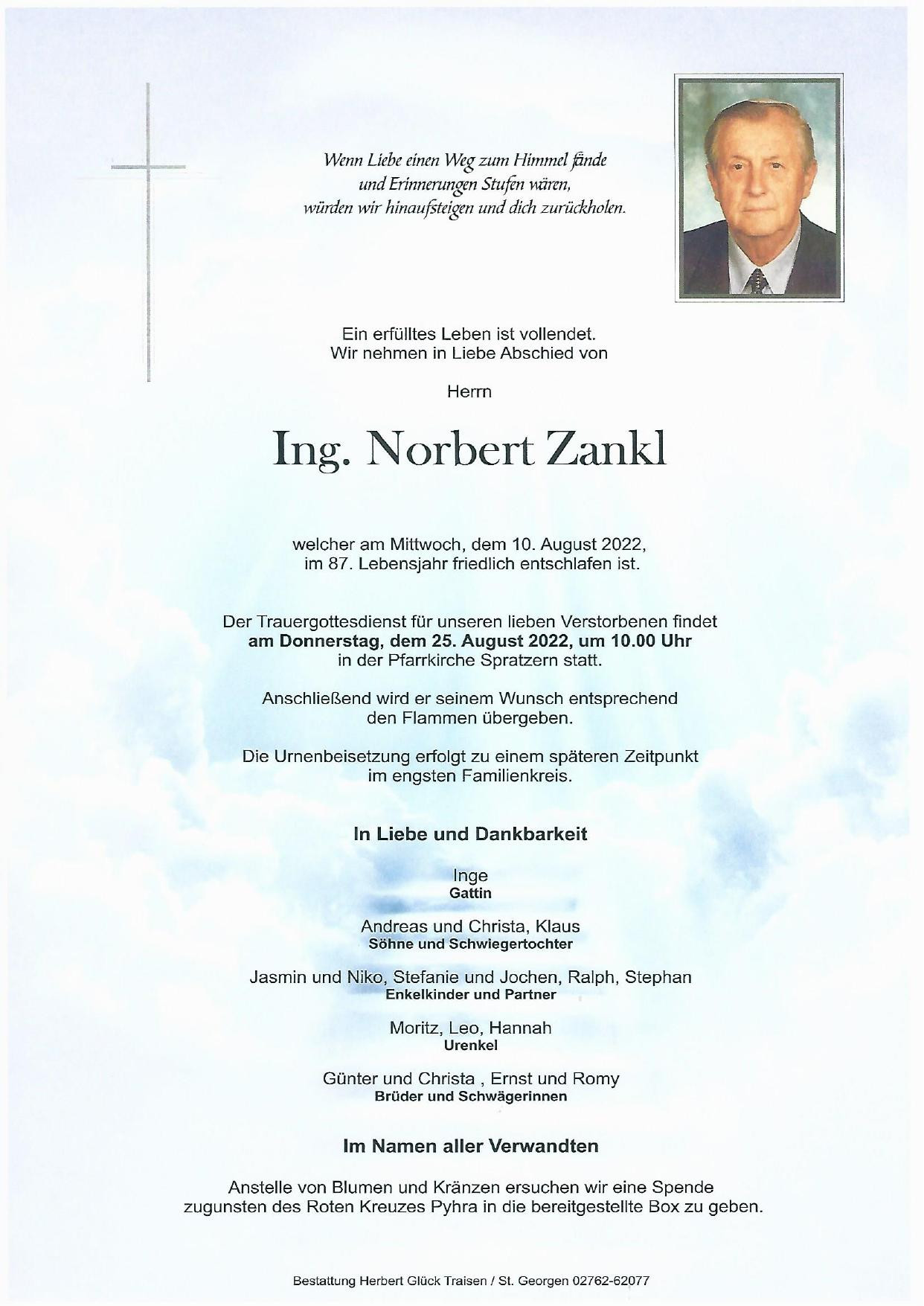 Traueranzeige von Ing. Norbert Zankl