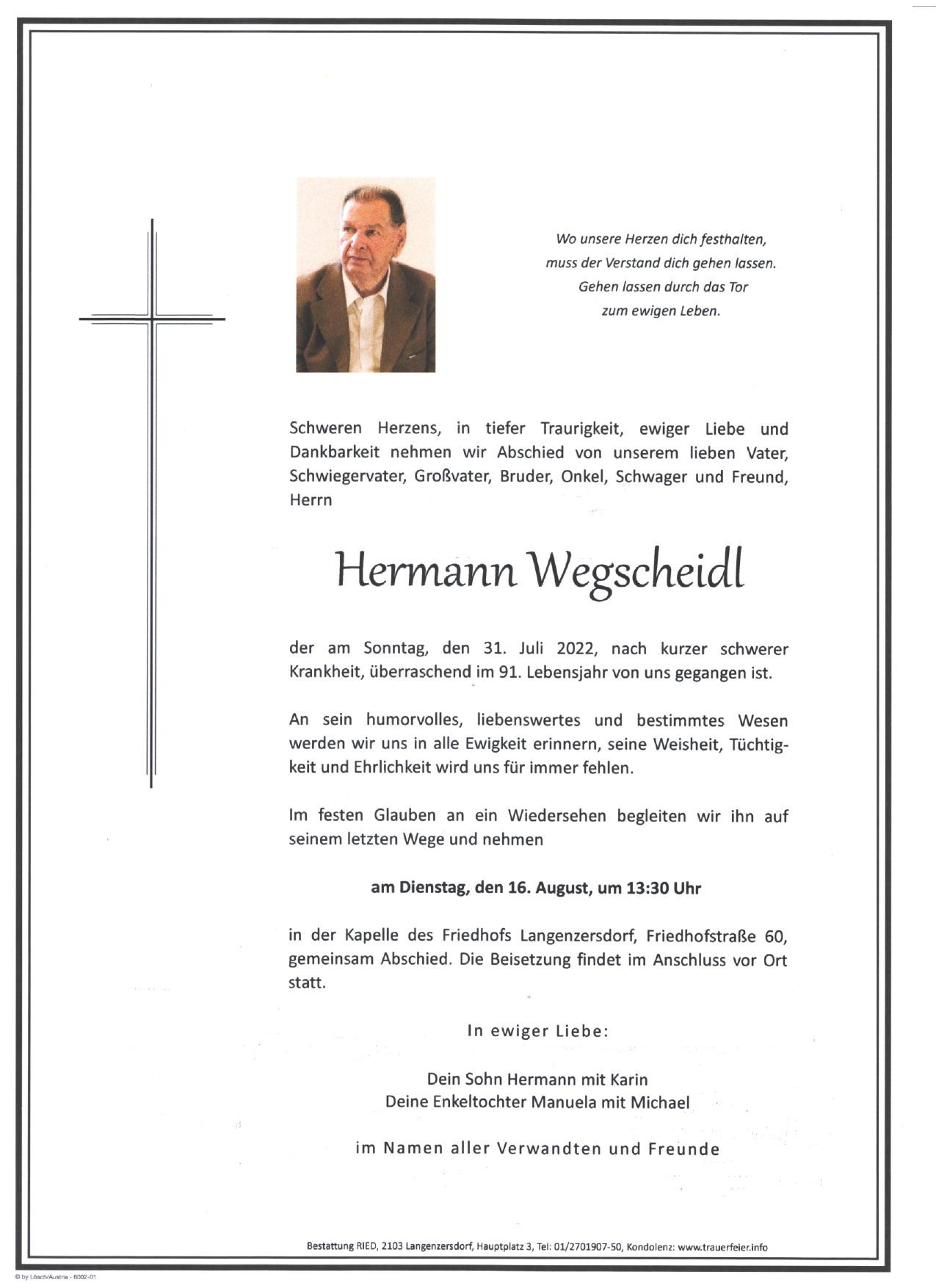 Traueranzeige von Hermann Wegscheidl