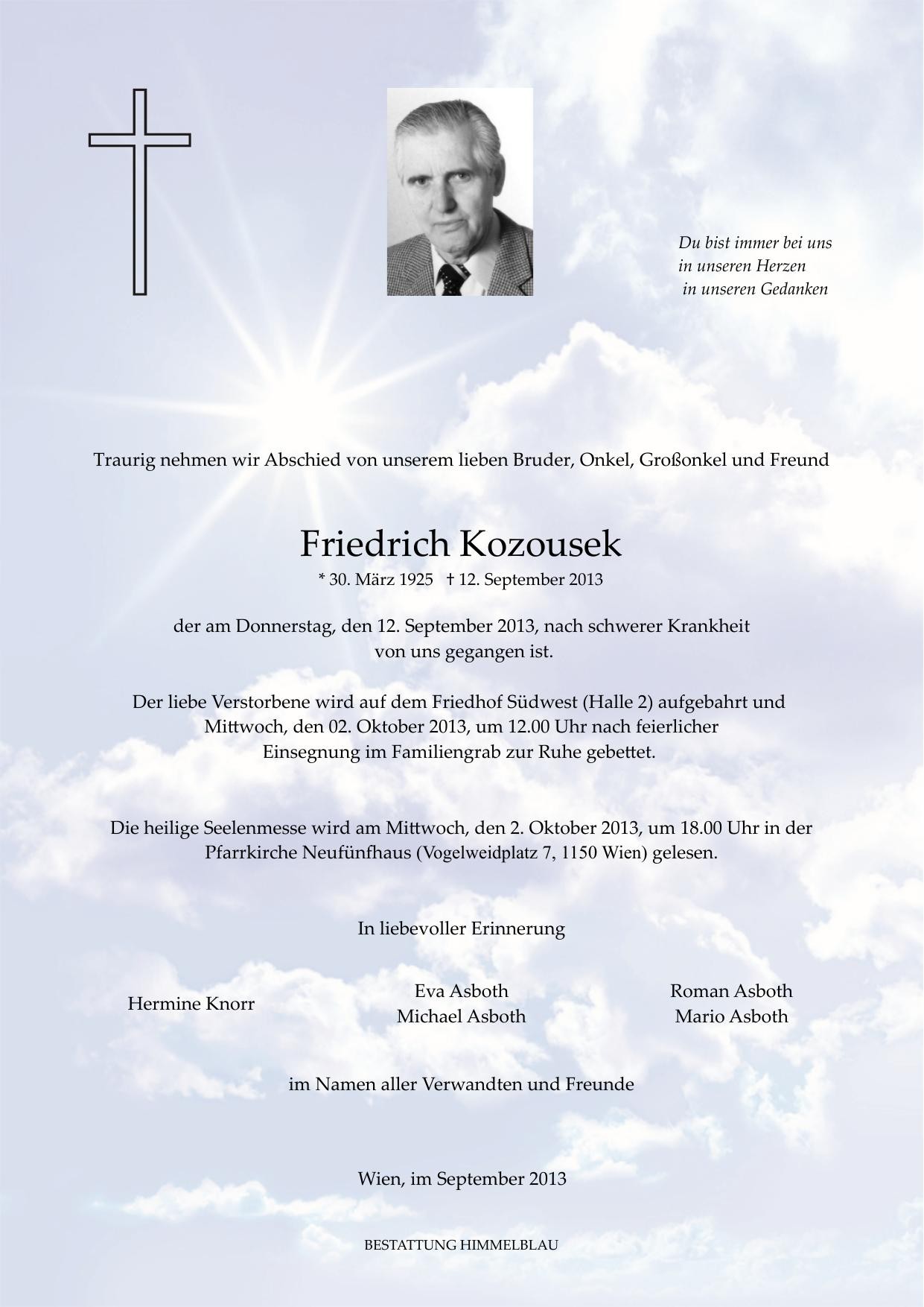 Traueranzeige von Friedrich Kozousek