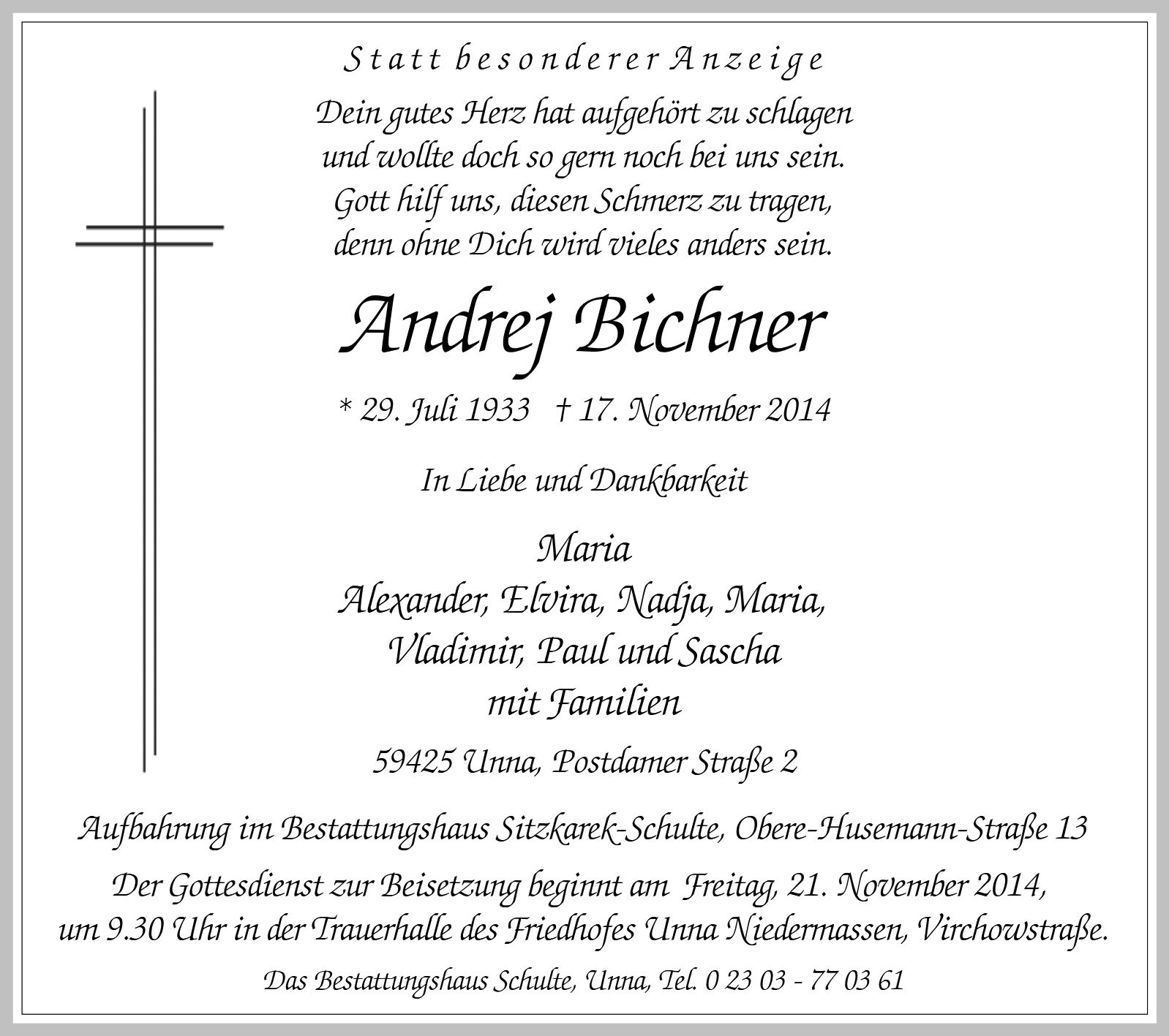 Traueranzeige von Andrej Bichner