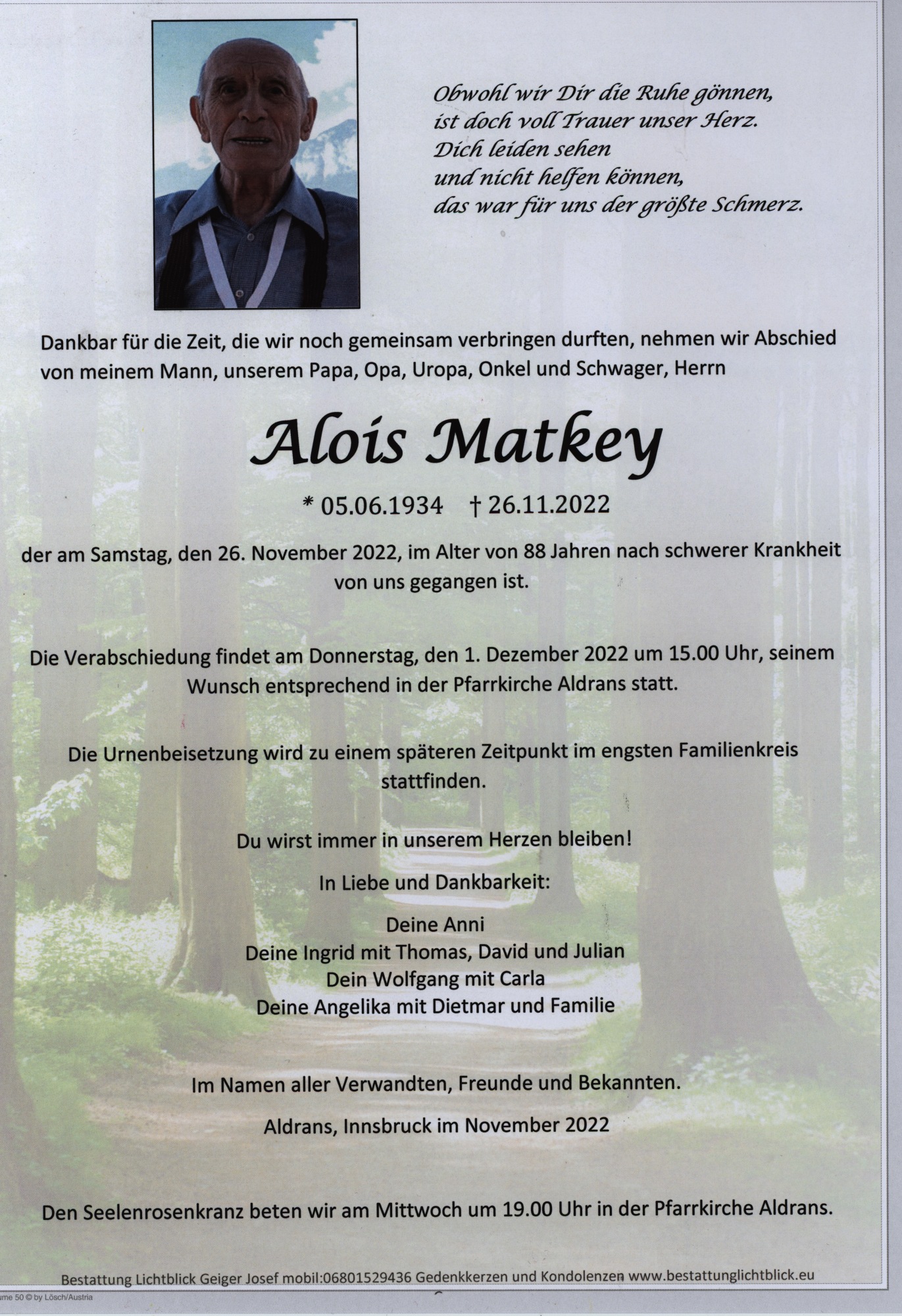 Traueranzeige von Alois Matkey