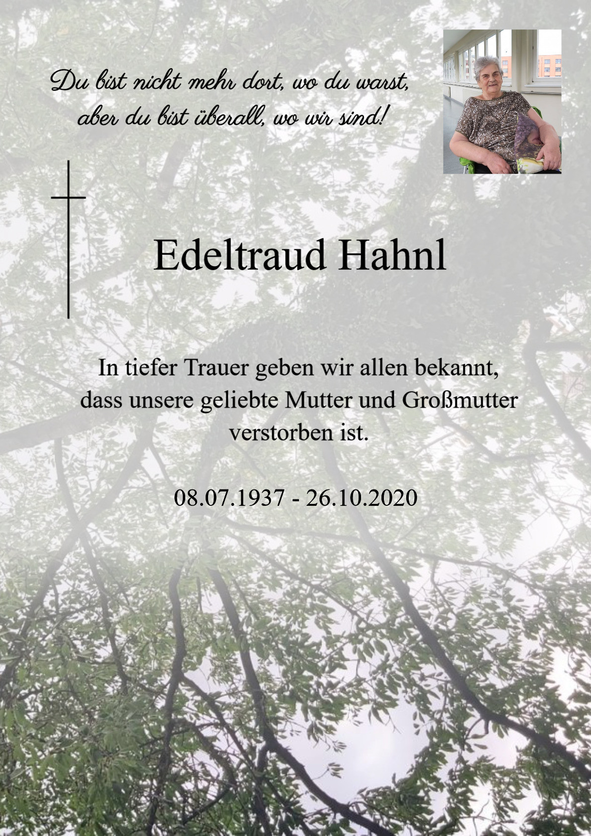Traueranzeige von Edeltraud Hahnl