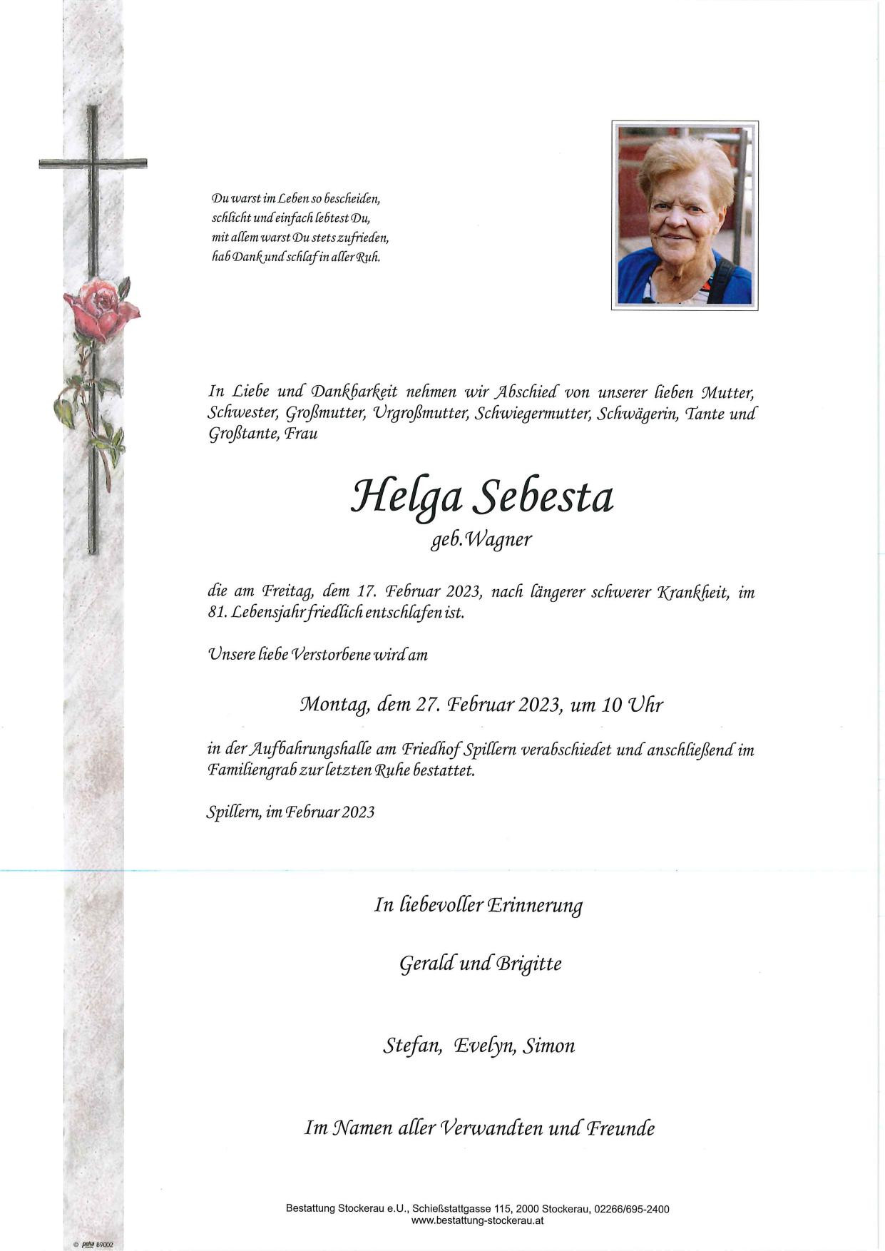 Traueranzeige von Helga Sebesta