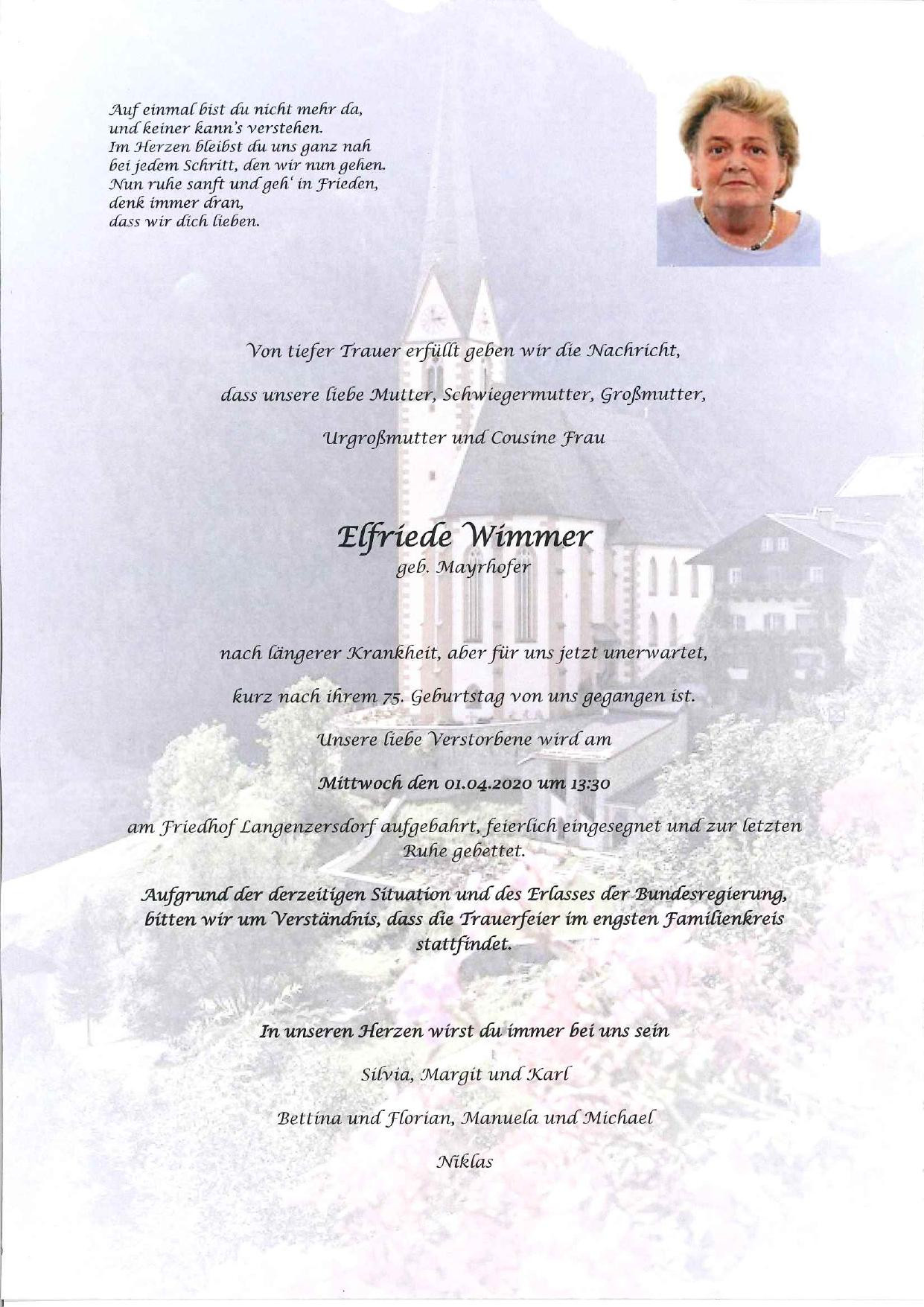Traueranzeige von Elfriede Wimmer