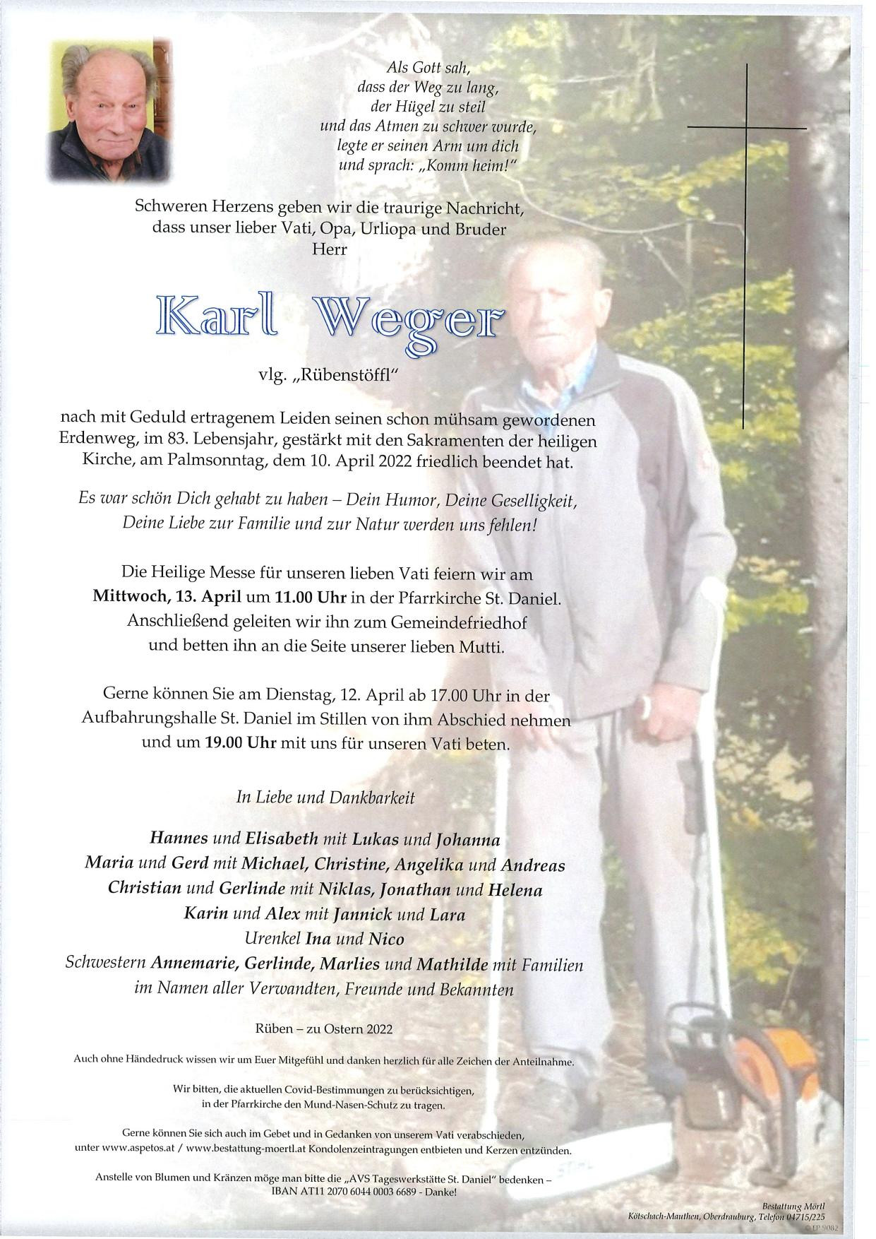 Traueranzeige von Karl Weger