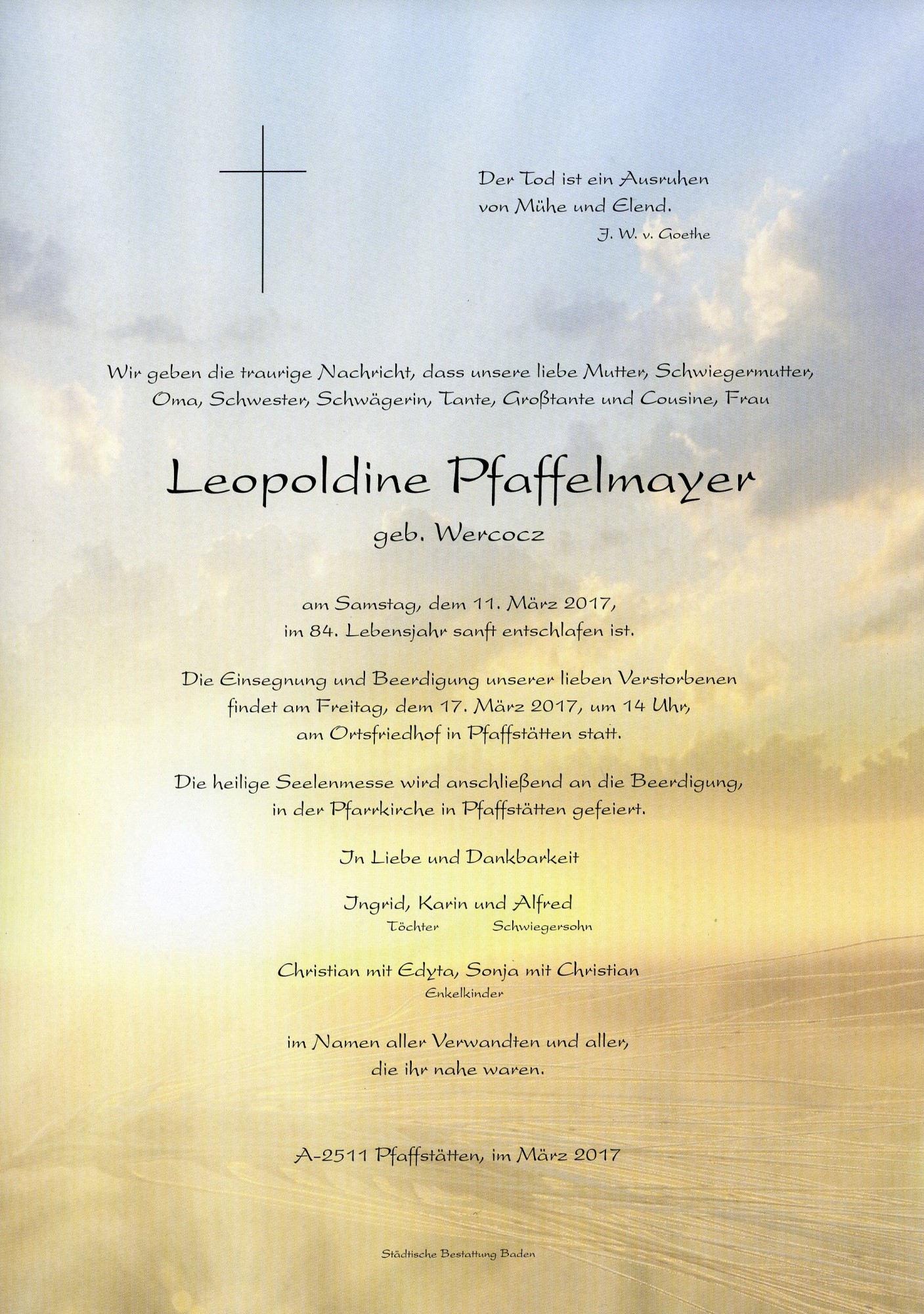 Traueranzeige von Leopoldine Pfaffelmayer