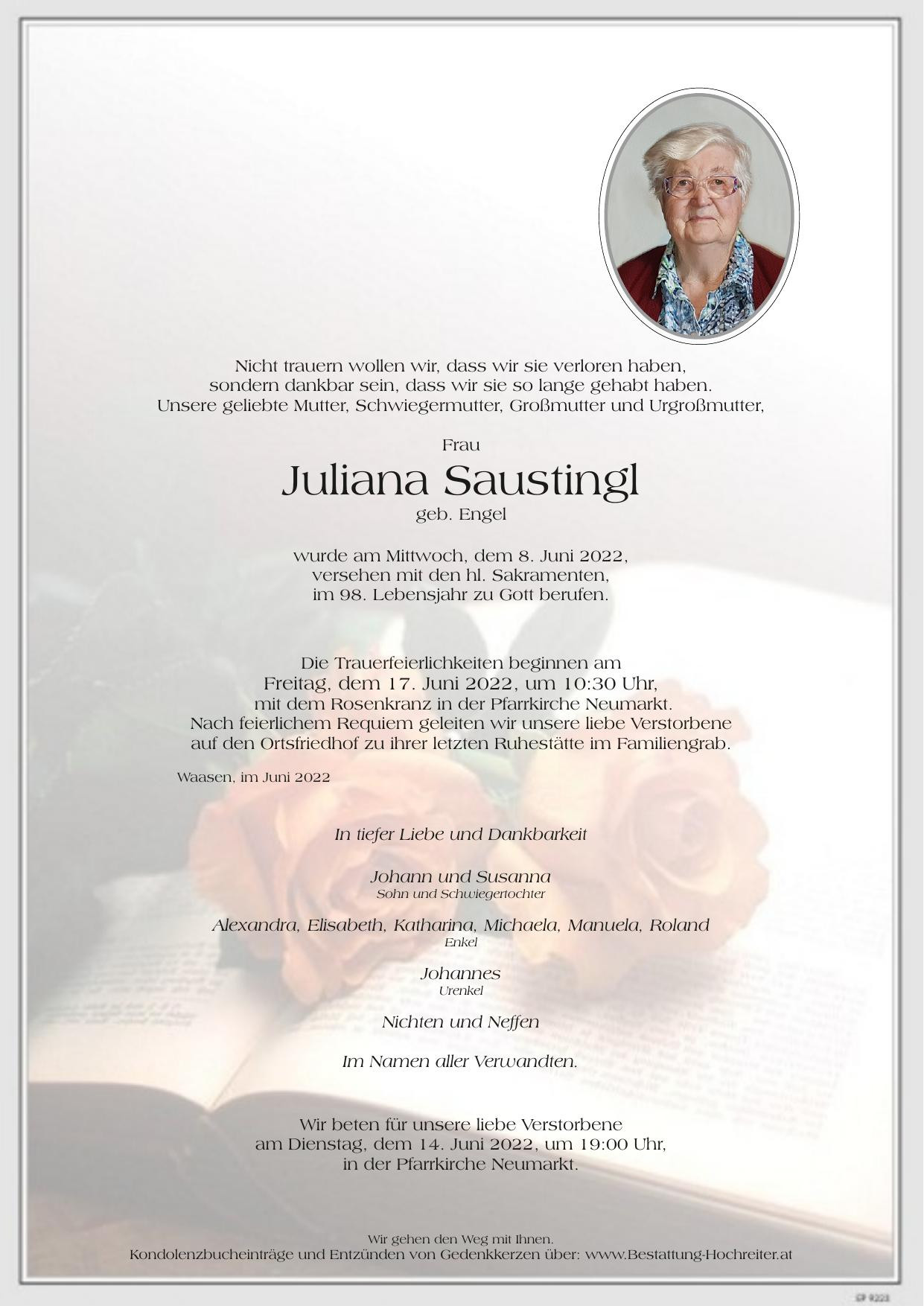 Traueranzeige von Juliana Saustingl