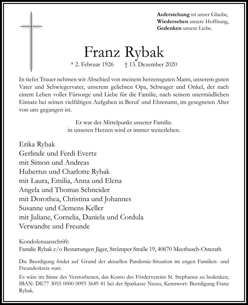 Traueranzeige von Franz Rybak